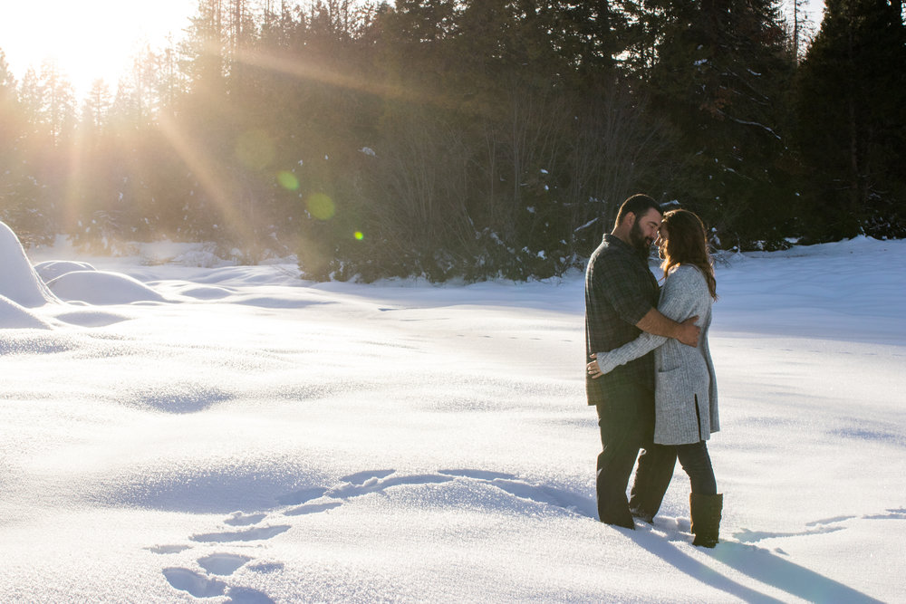 engaged couple hugging while standing in the middle of a snowy meadow in shaver lake california