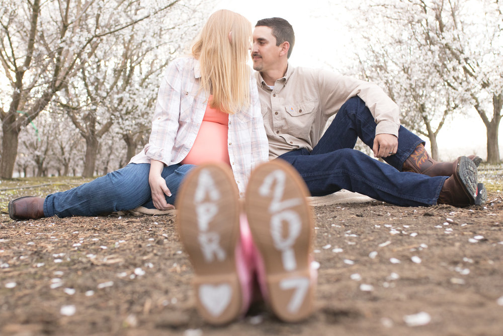couple kissing during a blossom trail maternity session