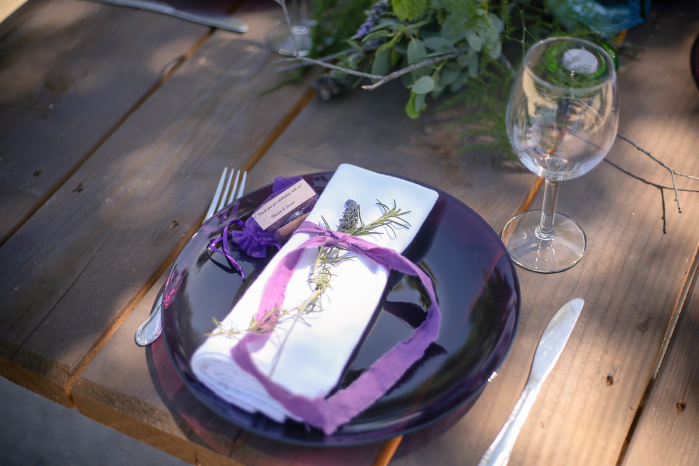 lavender and rosemary wedding farm table settings