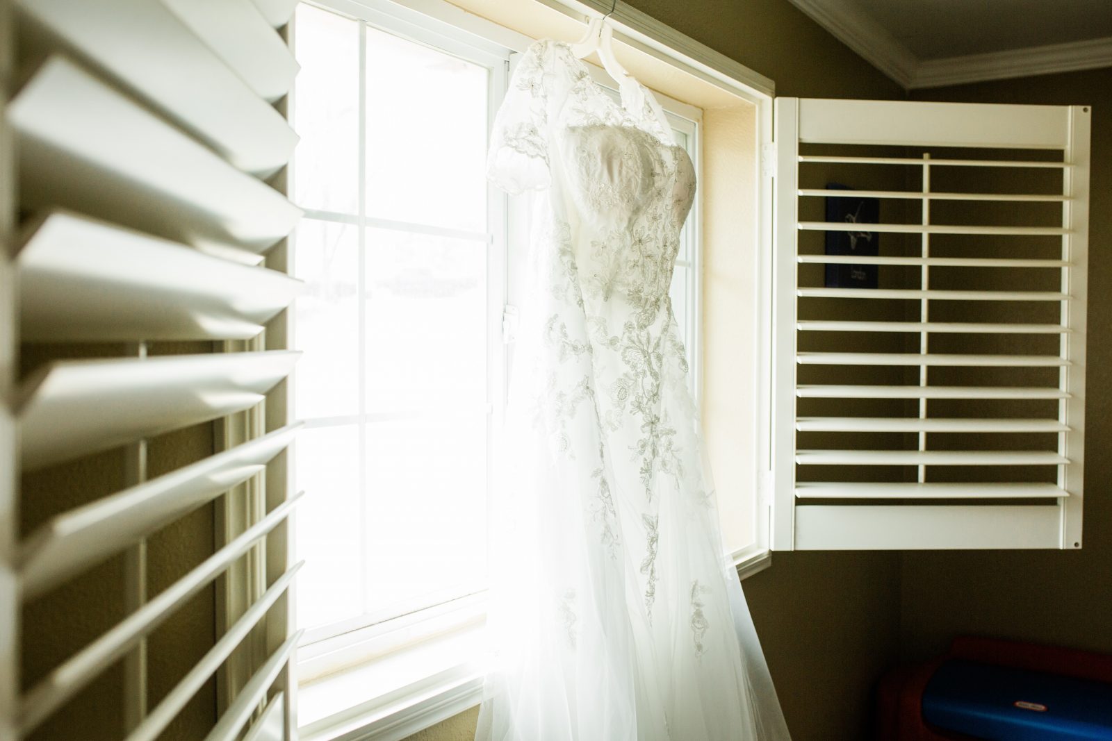 davids bridal wedding dress hanging in a window