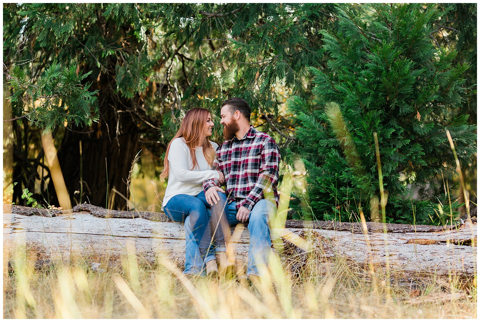 couple sitting on a log during a fall photo shoot