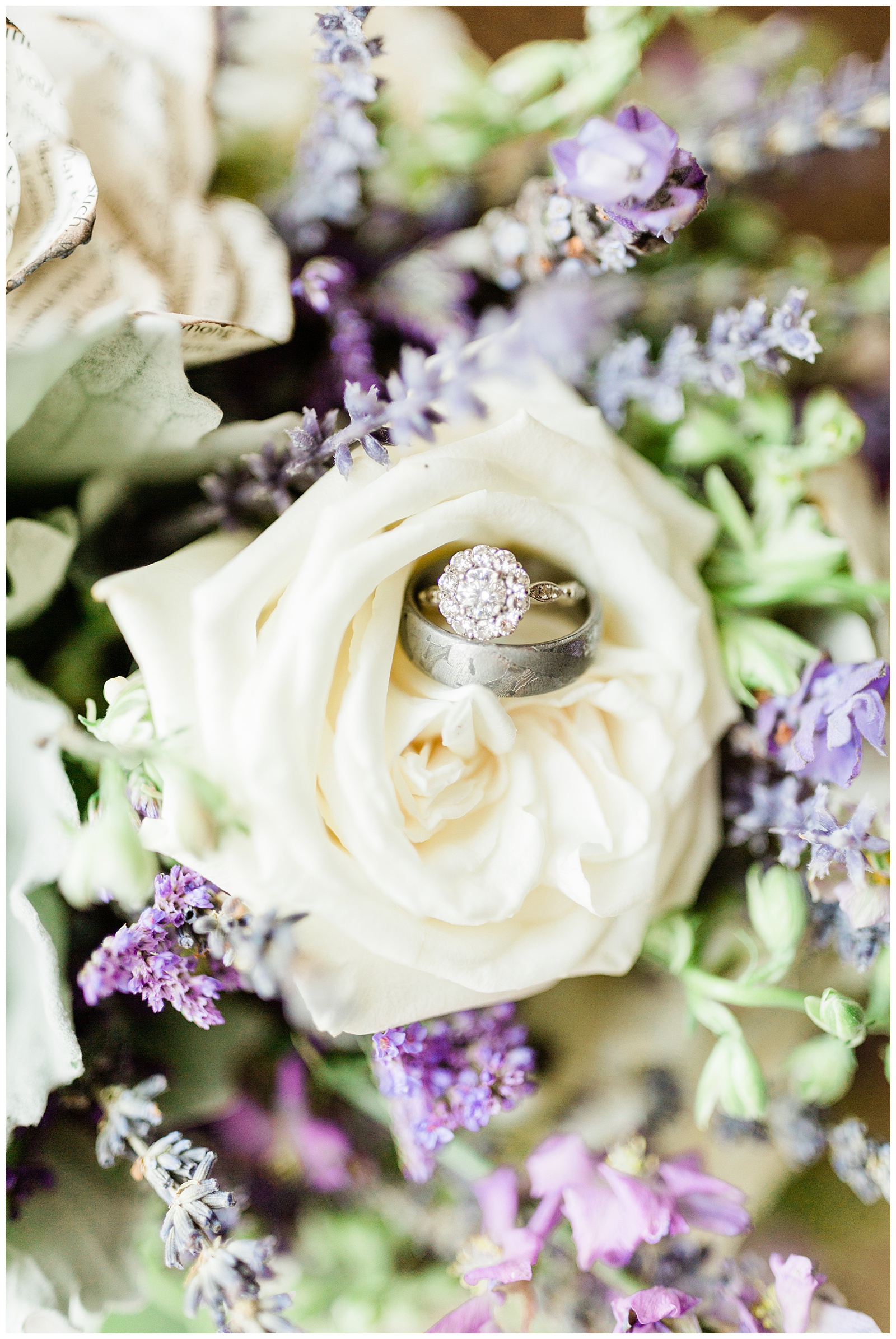 vintage wedding ring in a lavender bouquet