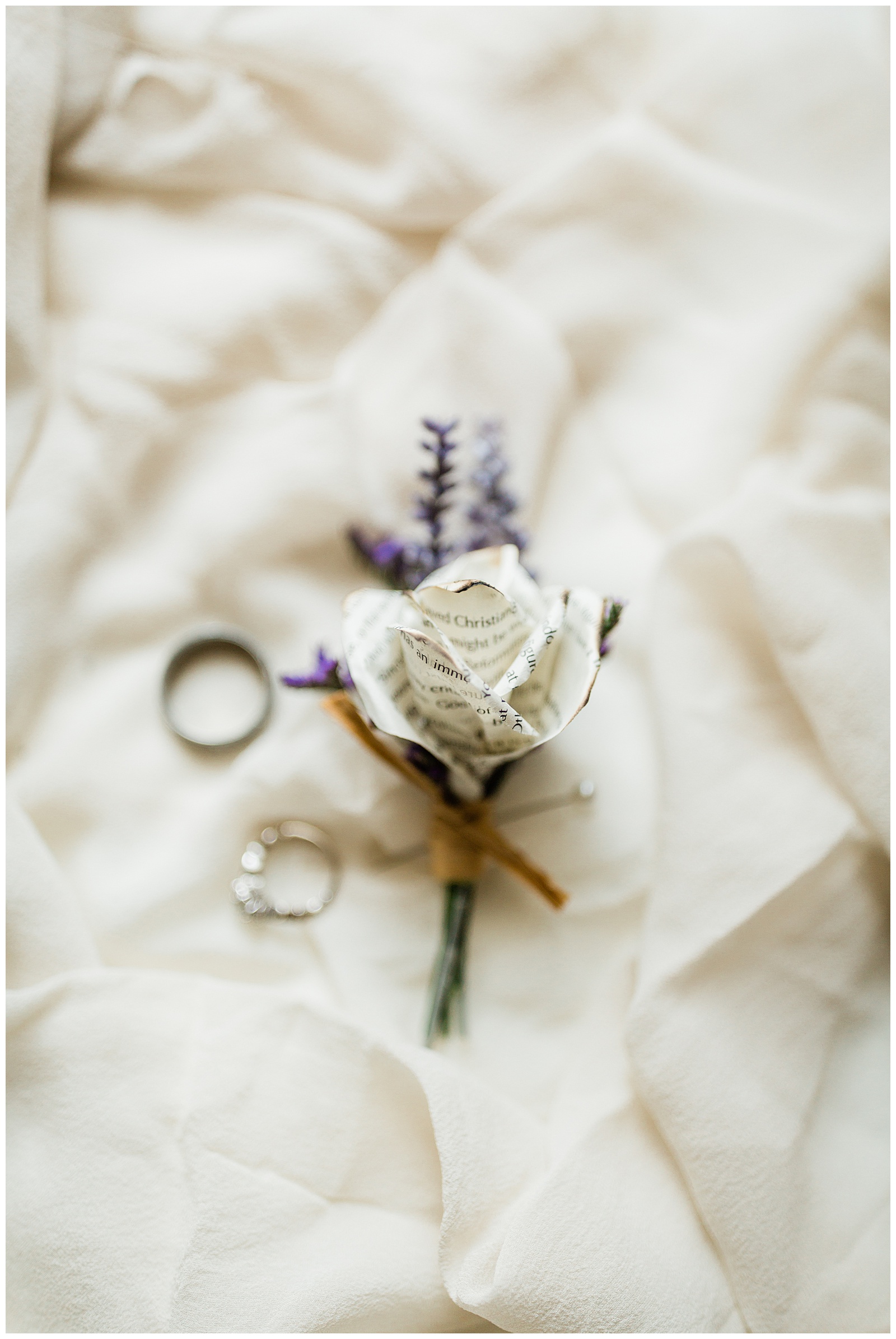 creative groom boutonniere \\ paper boutonniere \\ white and lavender boutonniere