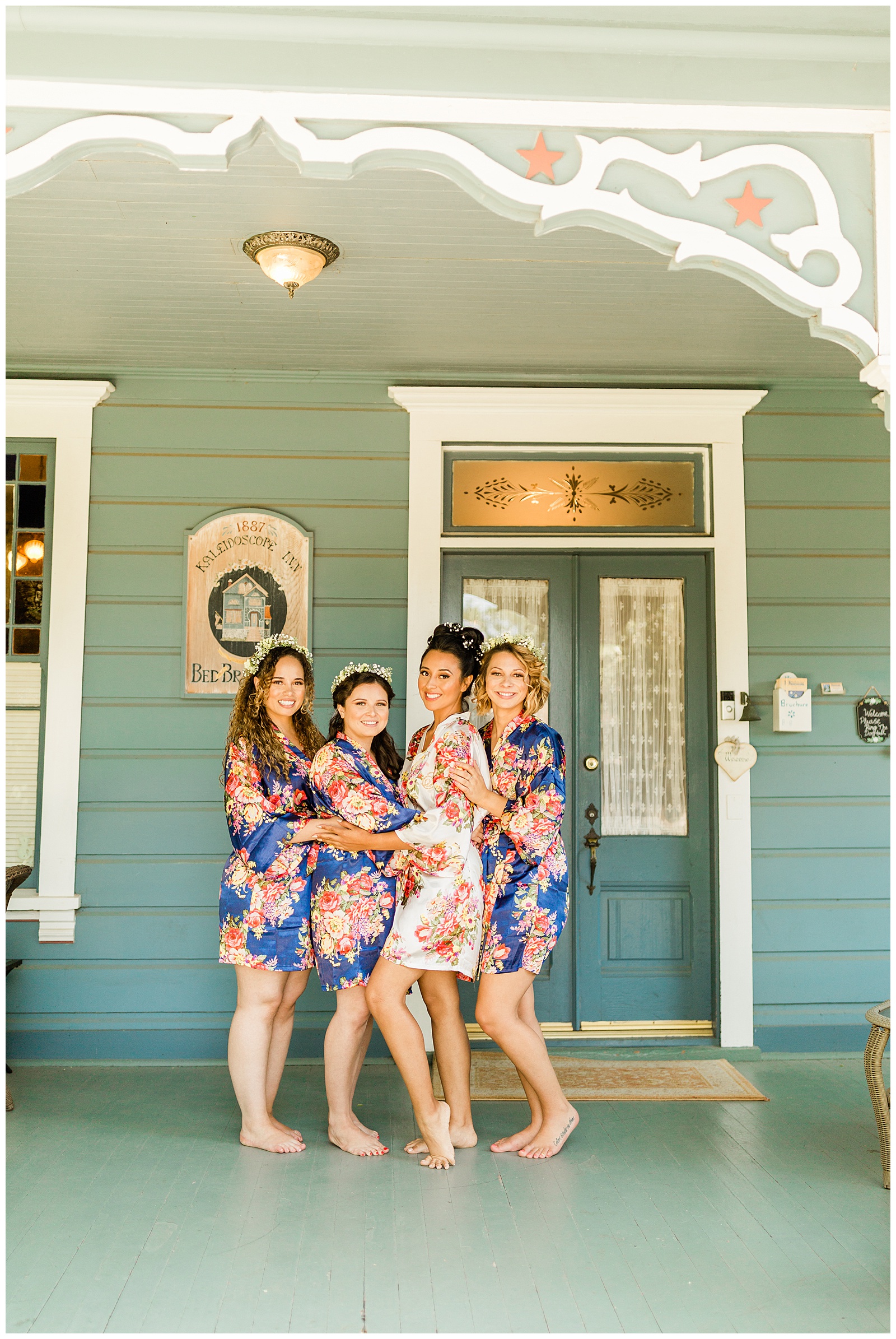 bride and her bridesmaids in floral robes in front of a house in nipomo california