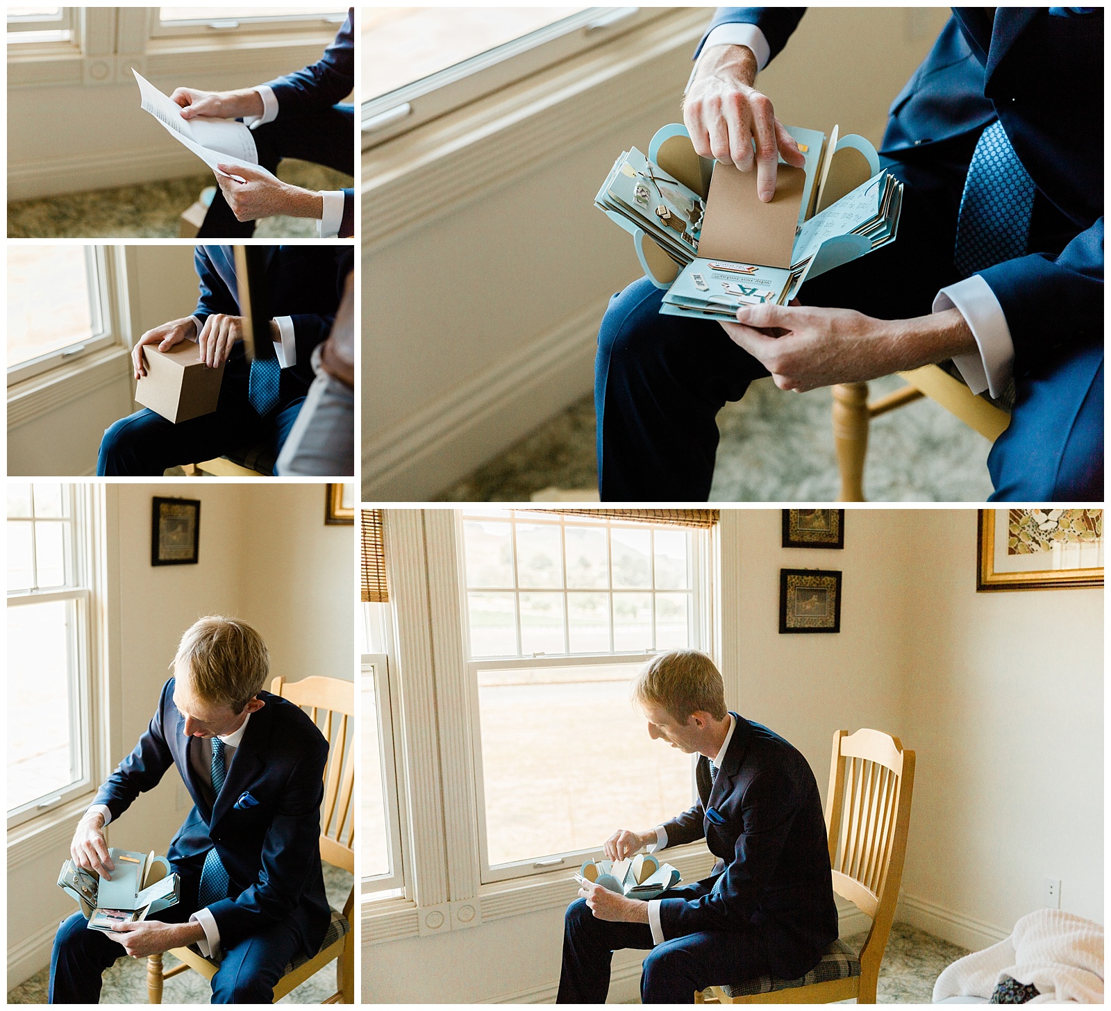 groom opening his letter from the bride on their wedding day