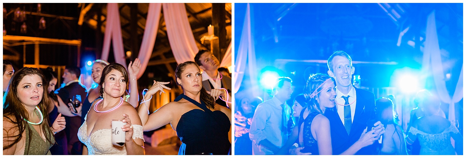 guests dancing at a wedding reception with glow sticks