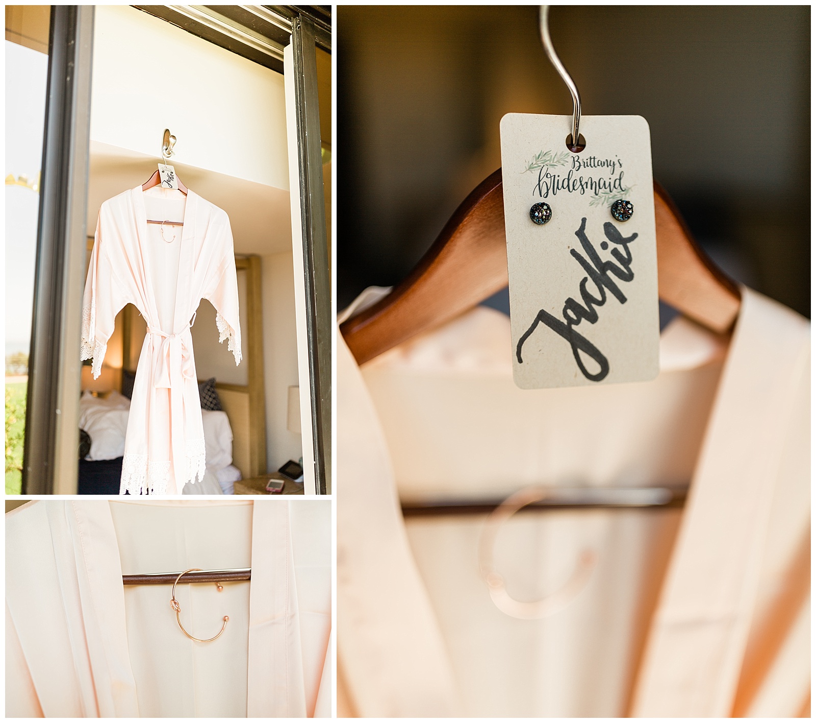 blush bridesmaid robes hanging in a window