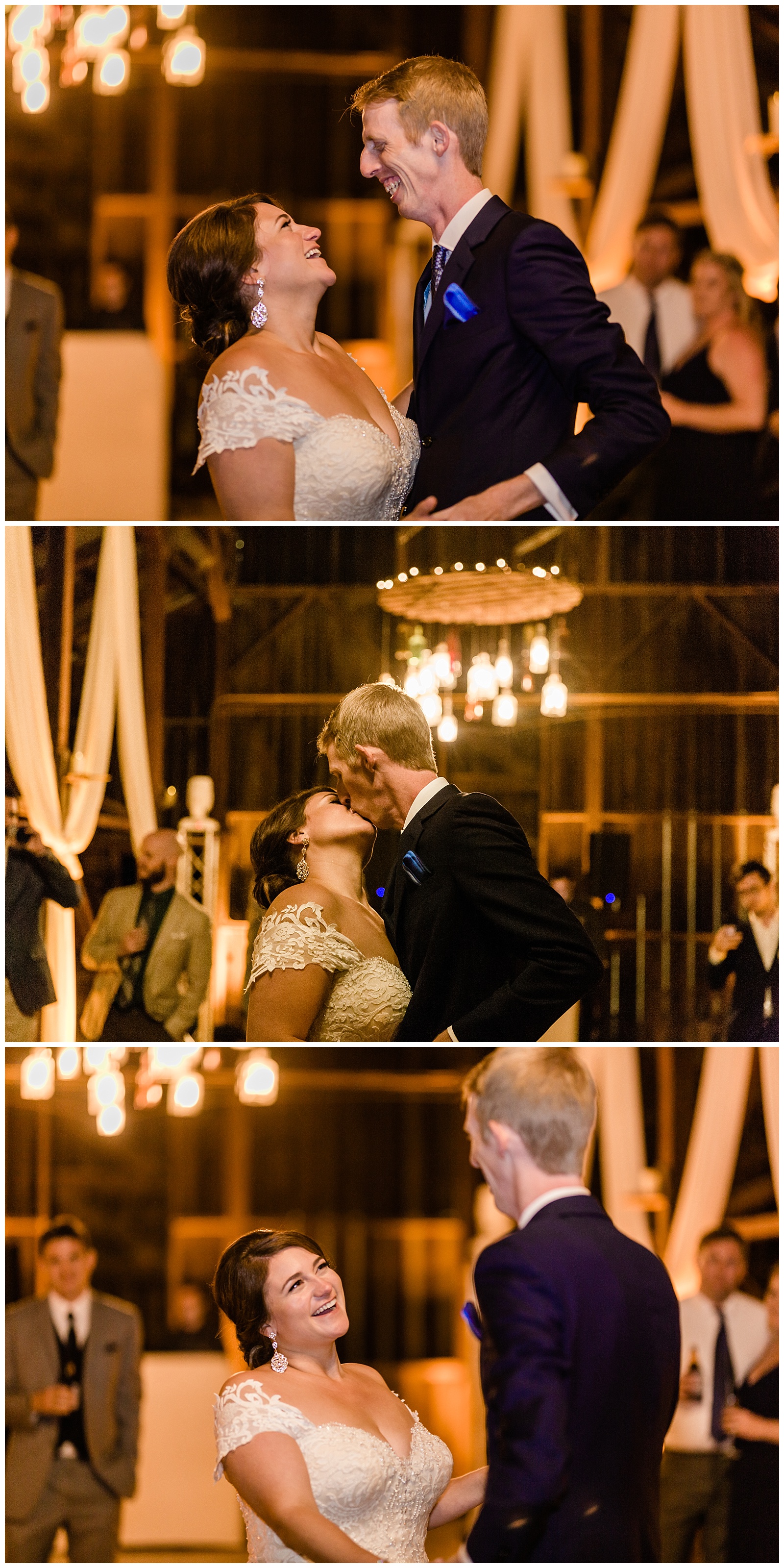 candid moments of the bride and groom during their first dance at their wedding reception