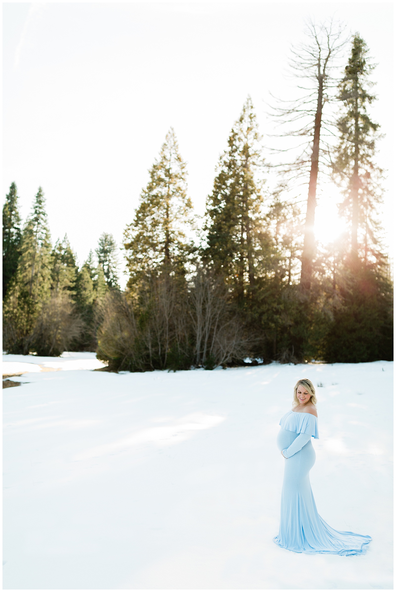 winter maternity session at sunset in Shaver Lake, California