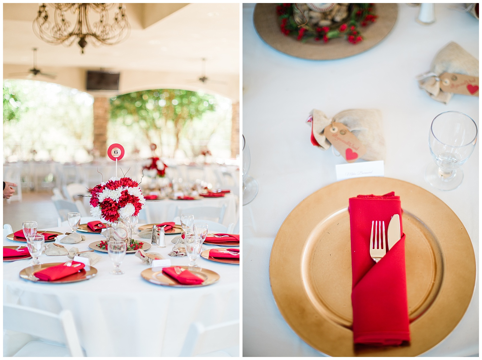 red, white and gold wedding details