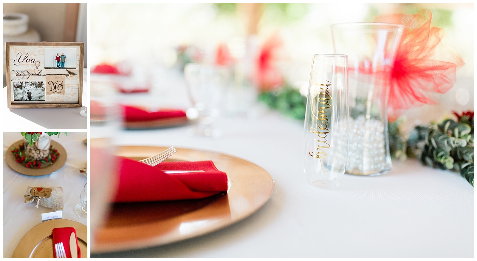 red, white and gold wedding details with green accent florals