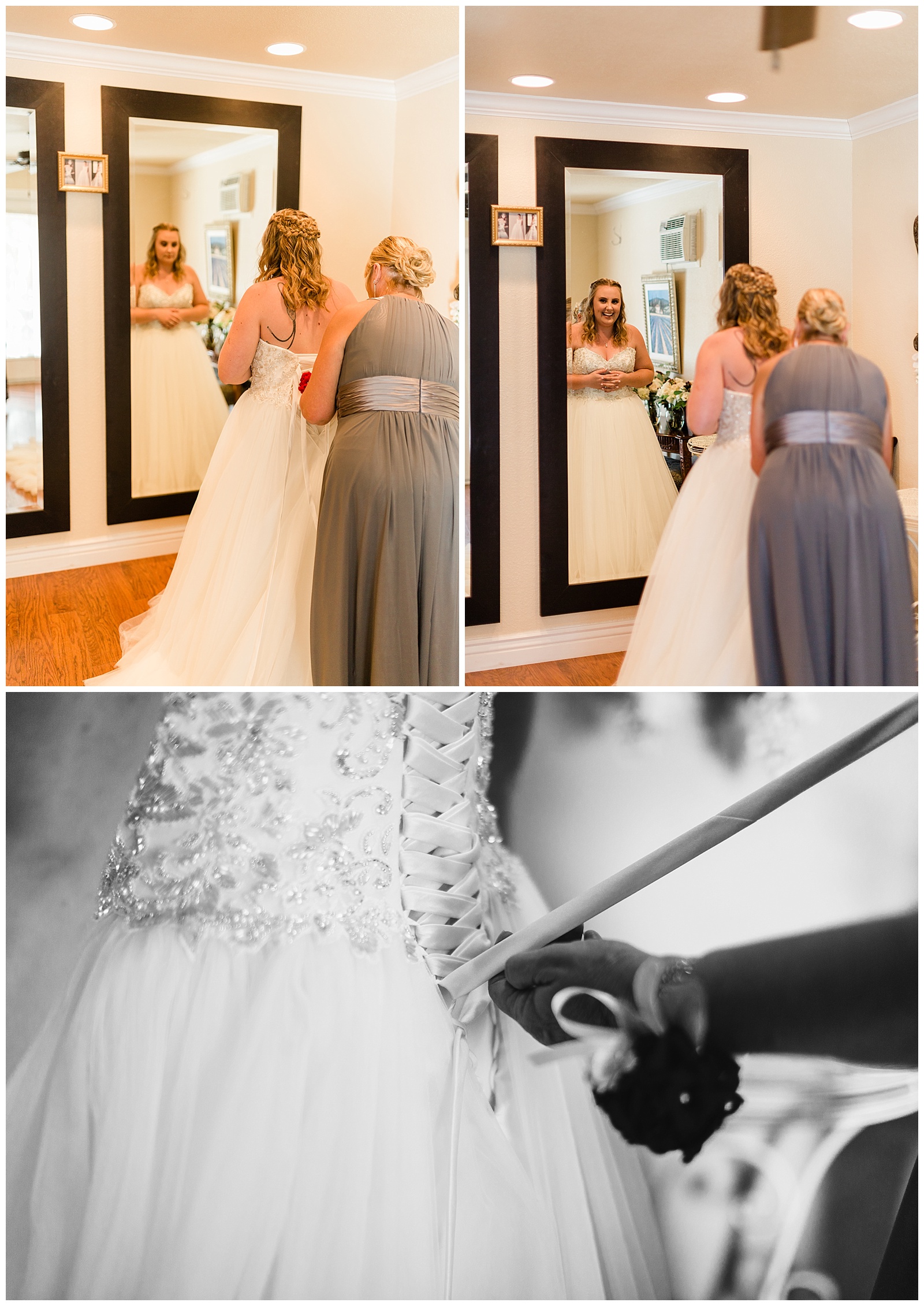 mother of the bride helping the bride into her wedding dress