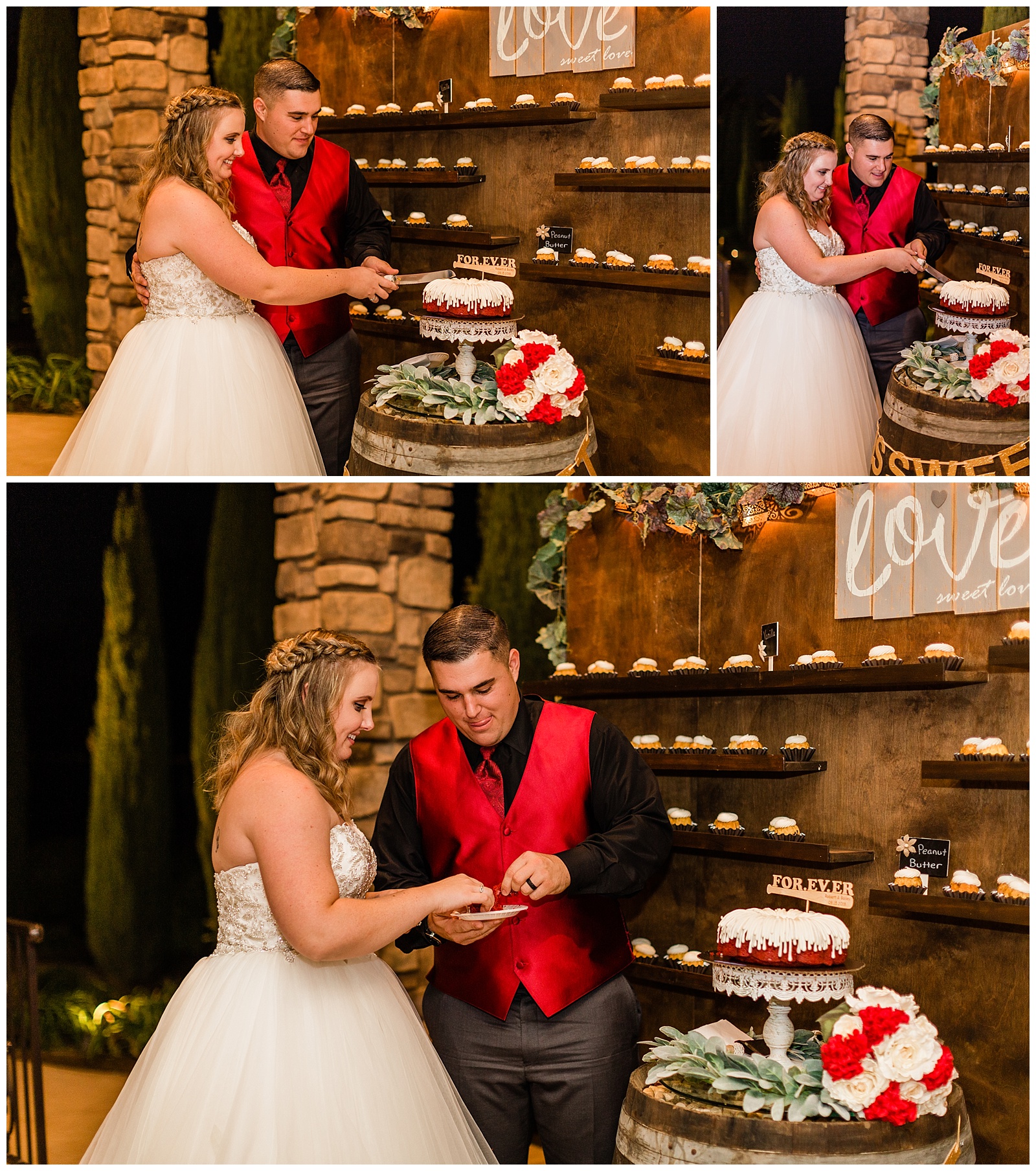 bride and groom cutting their Nothing Bundt Cakes wedding cake