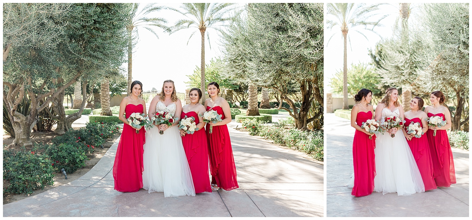 bride and her bridesmaids in red and white