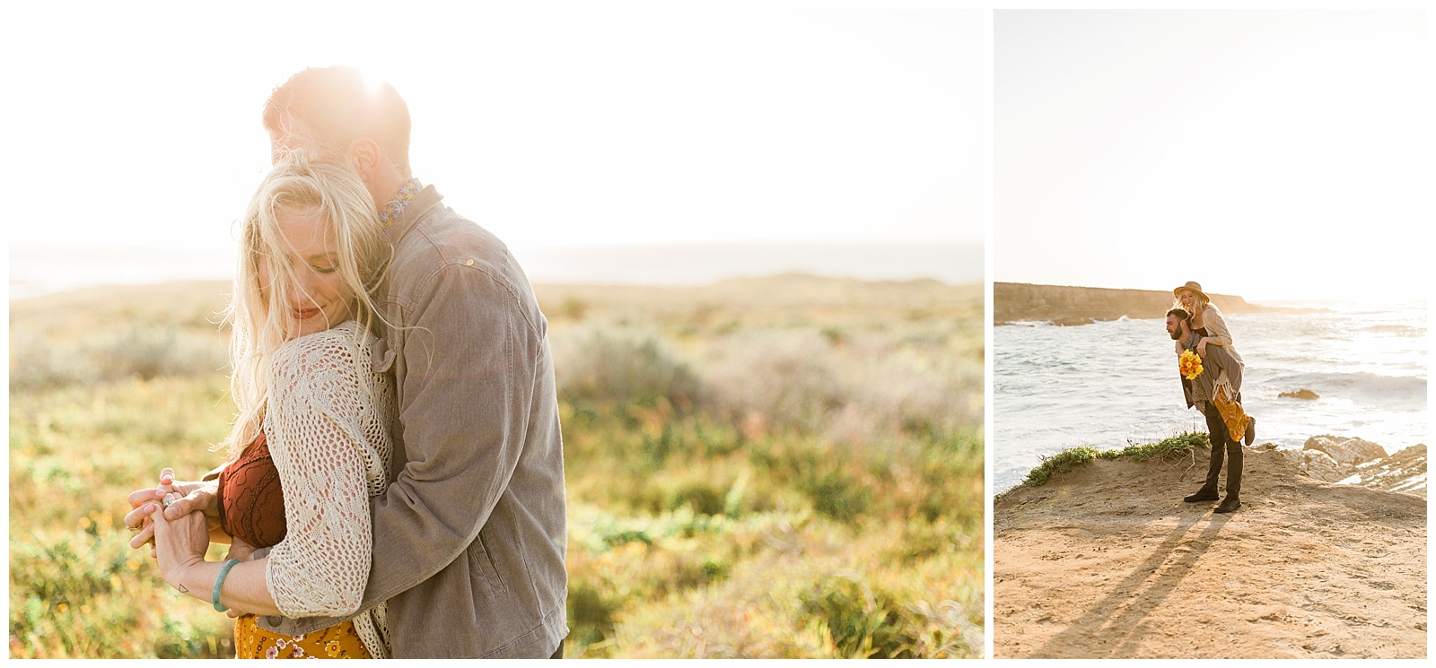 bohemian engagement photos on the beach at sunset