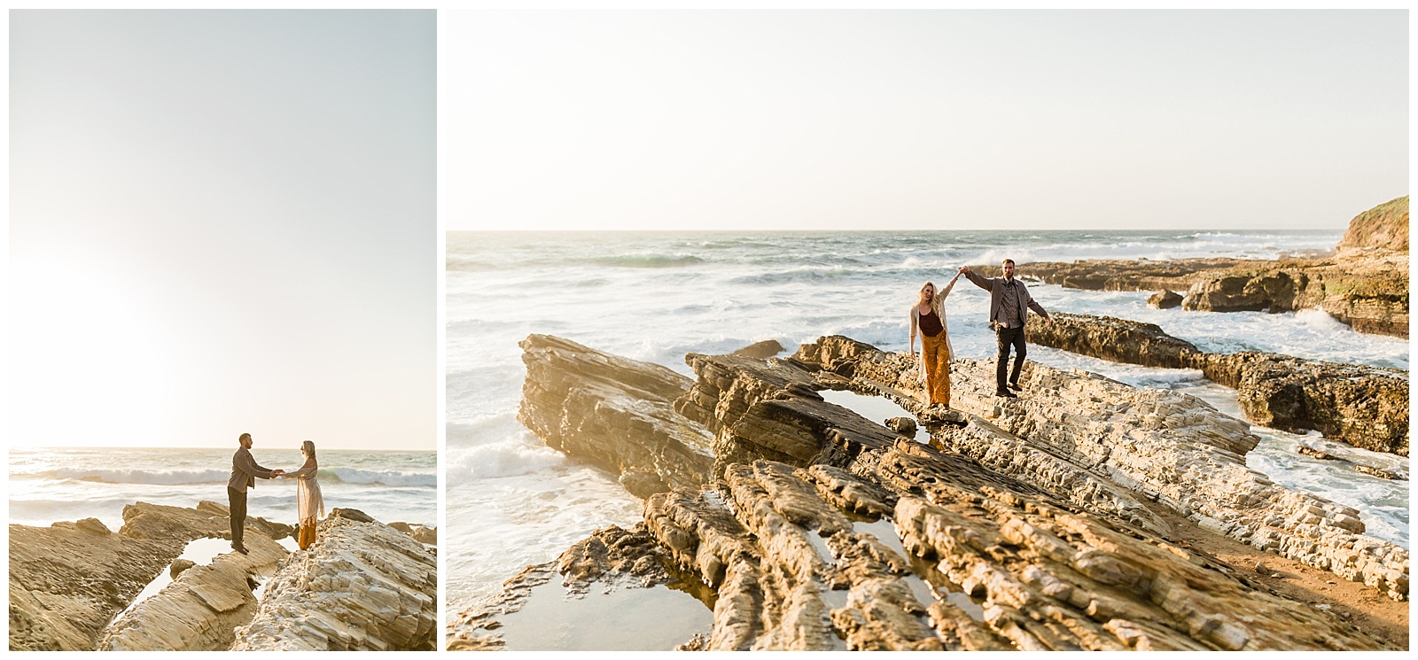 engaged couple dancing on the rocks at Montana de Oro