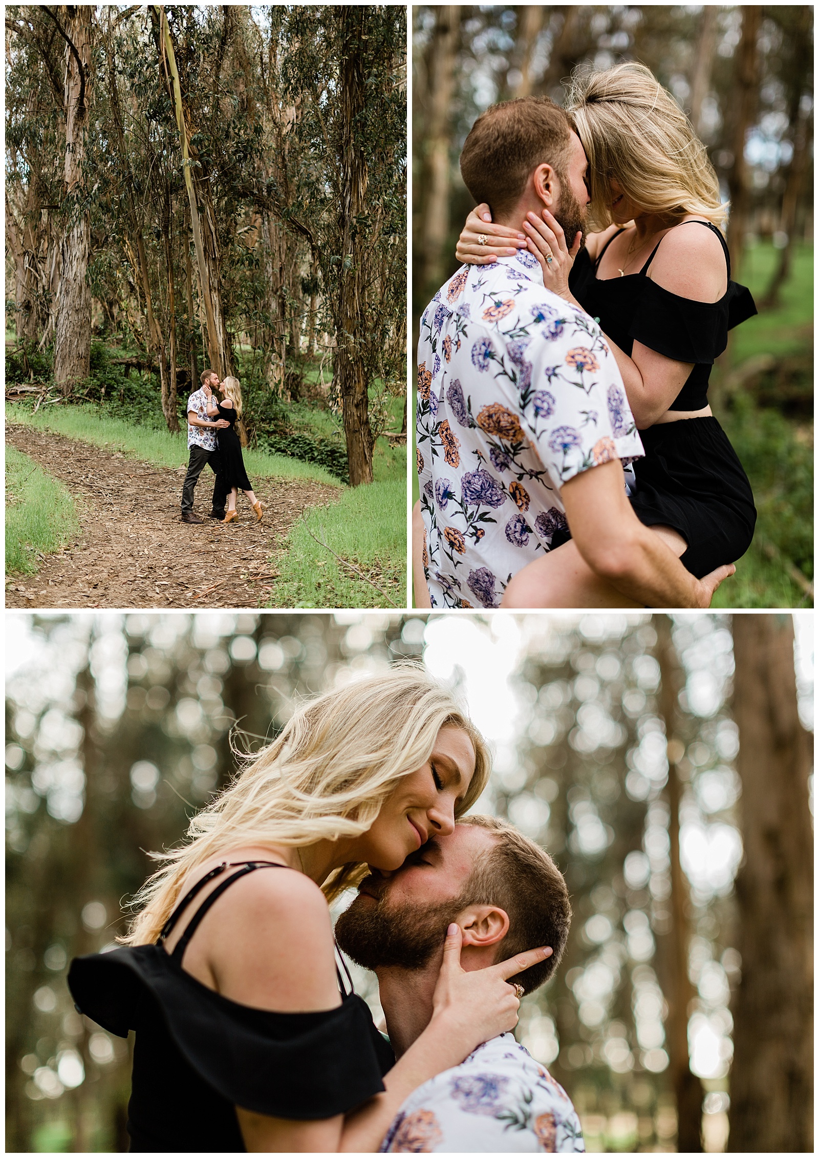 engaged couple dancing in eucalyptus trees