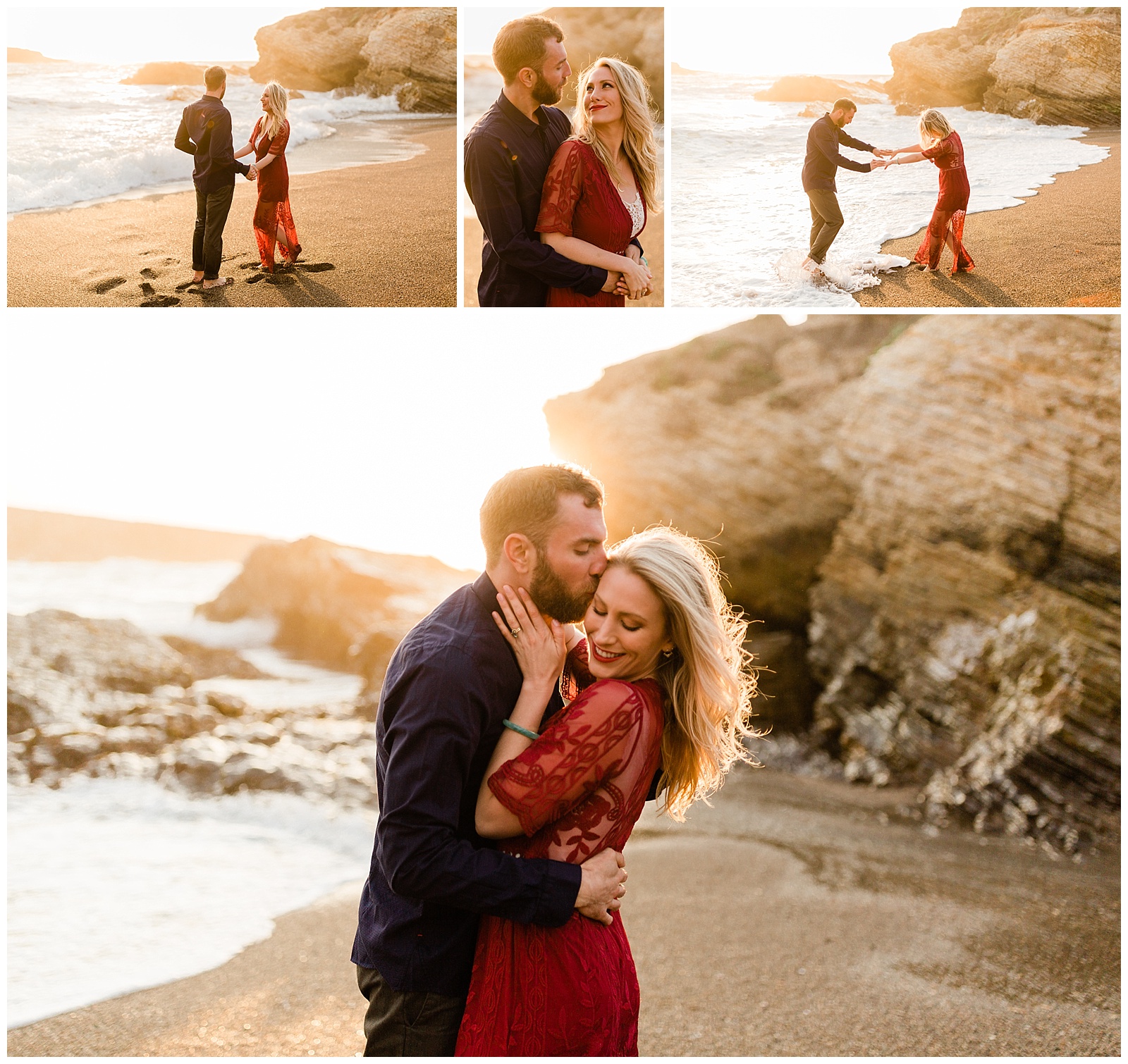 maroon and navy blue outfits for beach engagement photos
