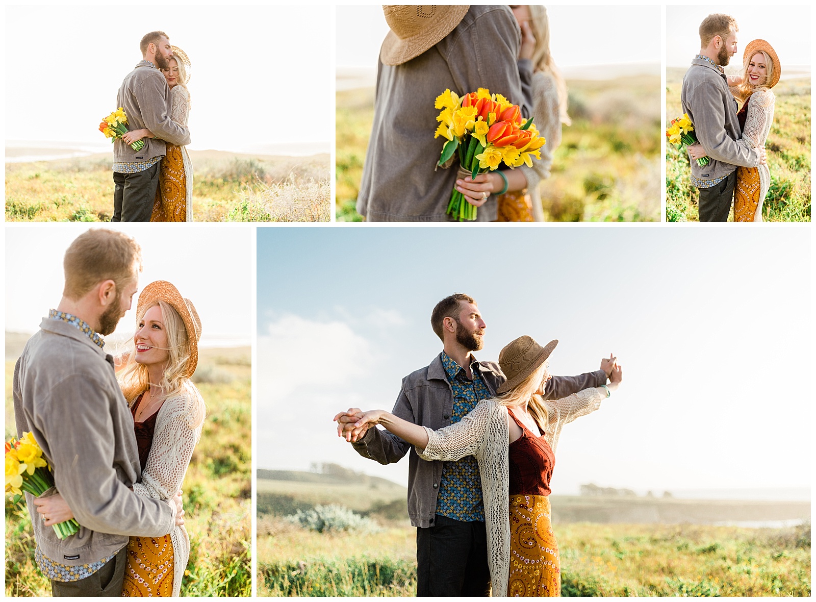 boho engaged couple dancing on the bluffs of Montana de Oro
