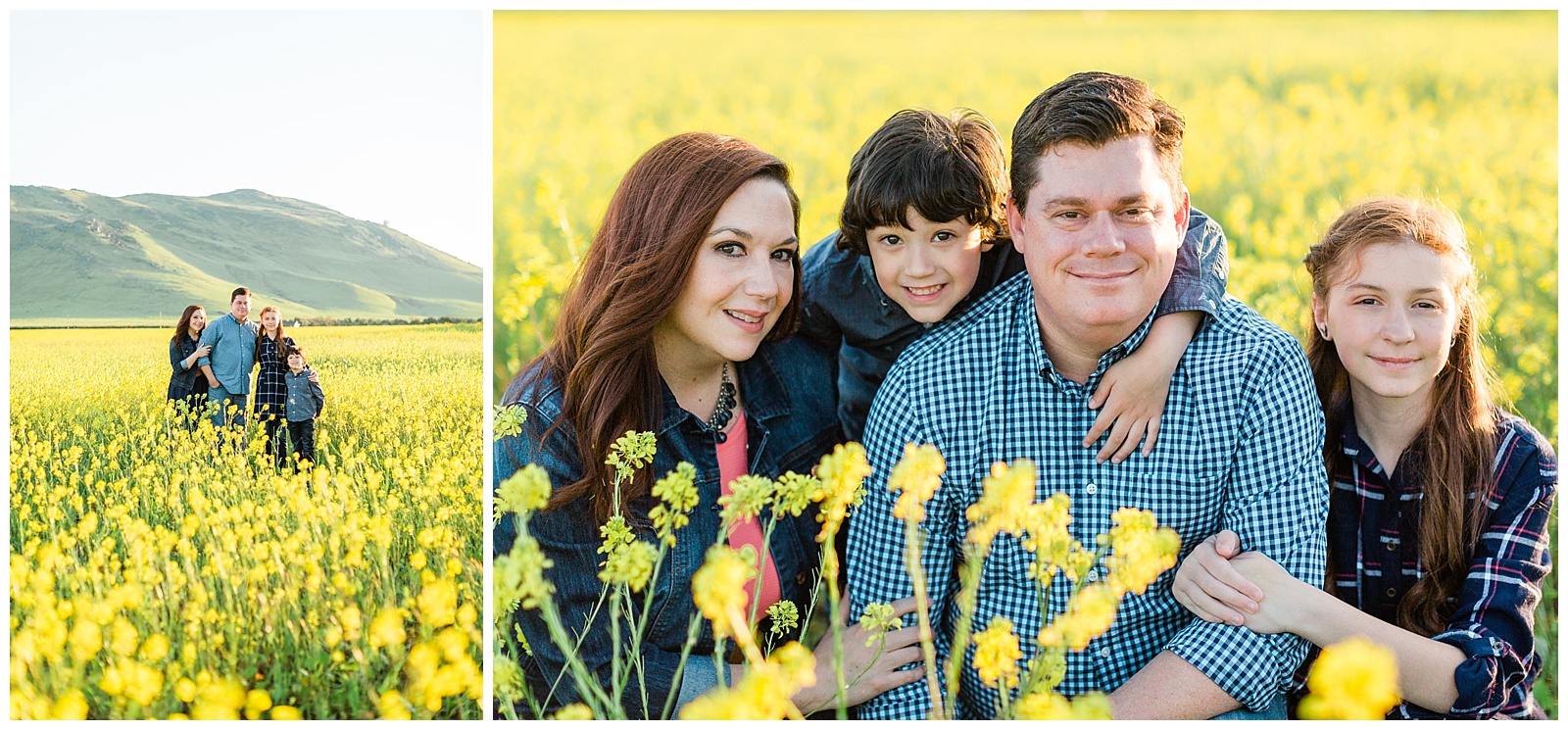 family photos in mustard flowers