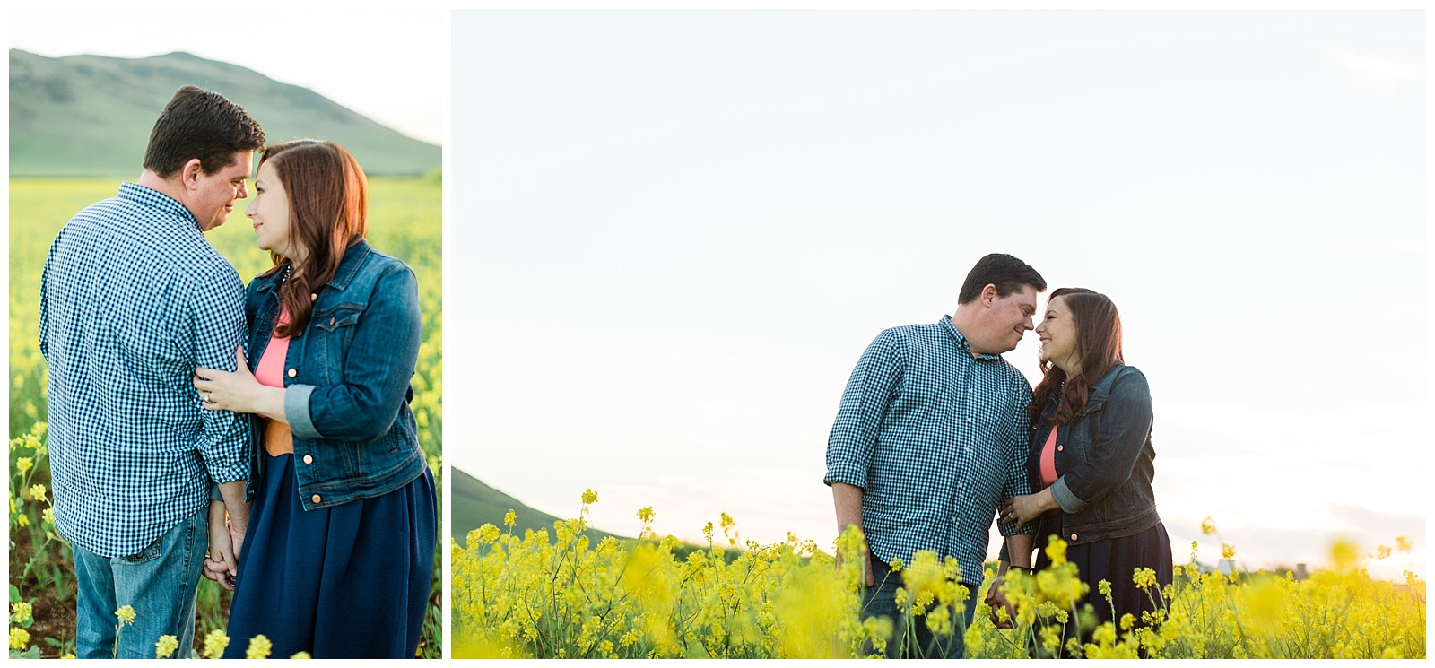 couple posing romantically in a wildflower field at sunset