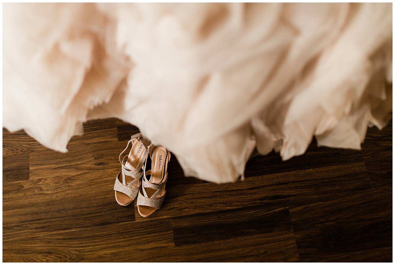 blush wedding dress and rhinestone wedding heels