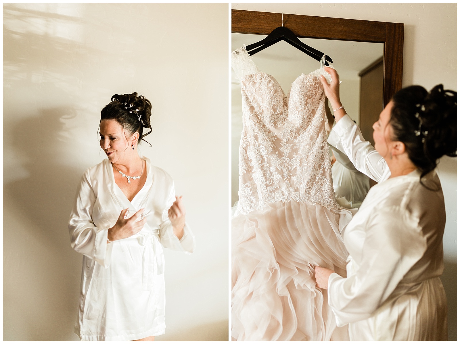 bride getting ready to put on her dress