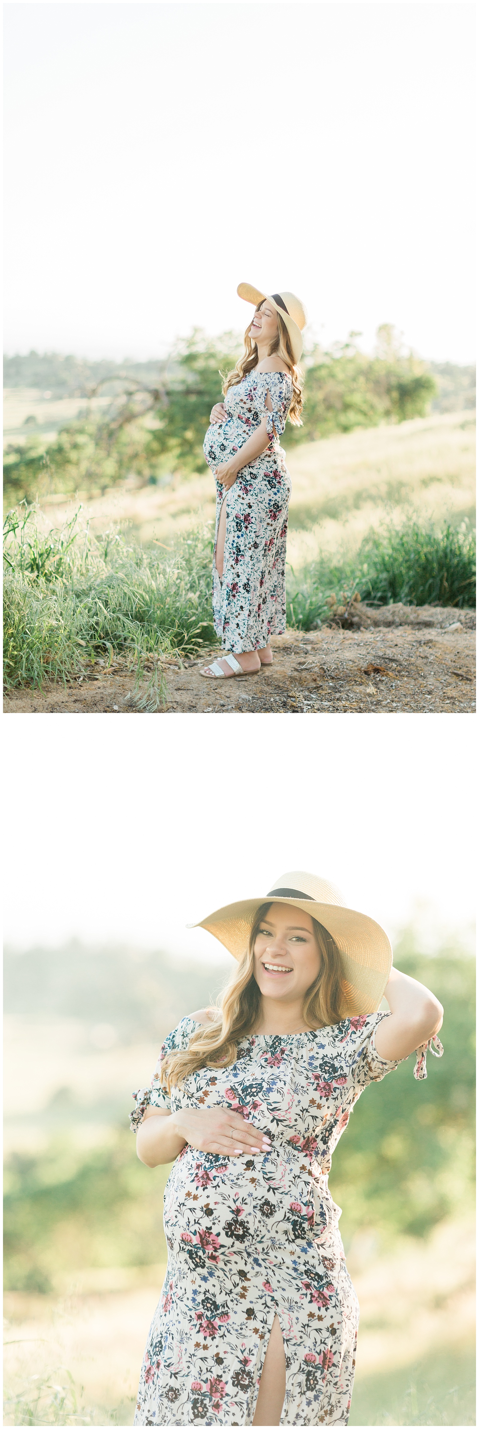 pregnant mama in a sun hat and floral dress 