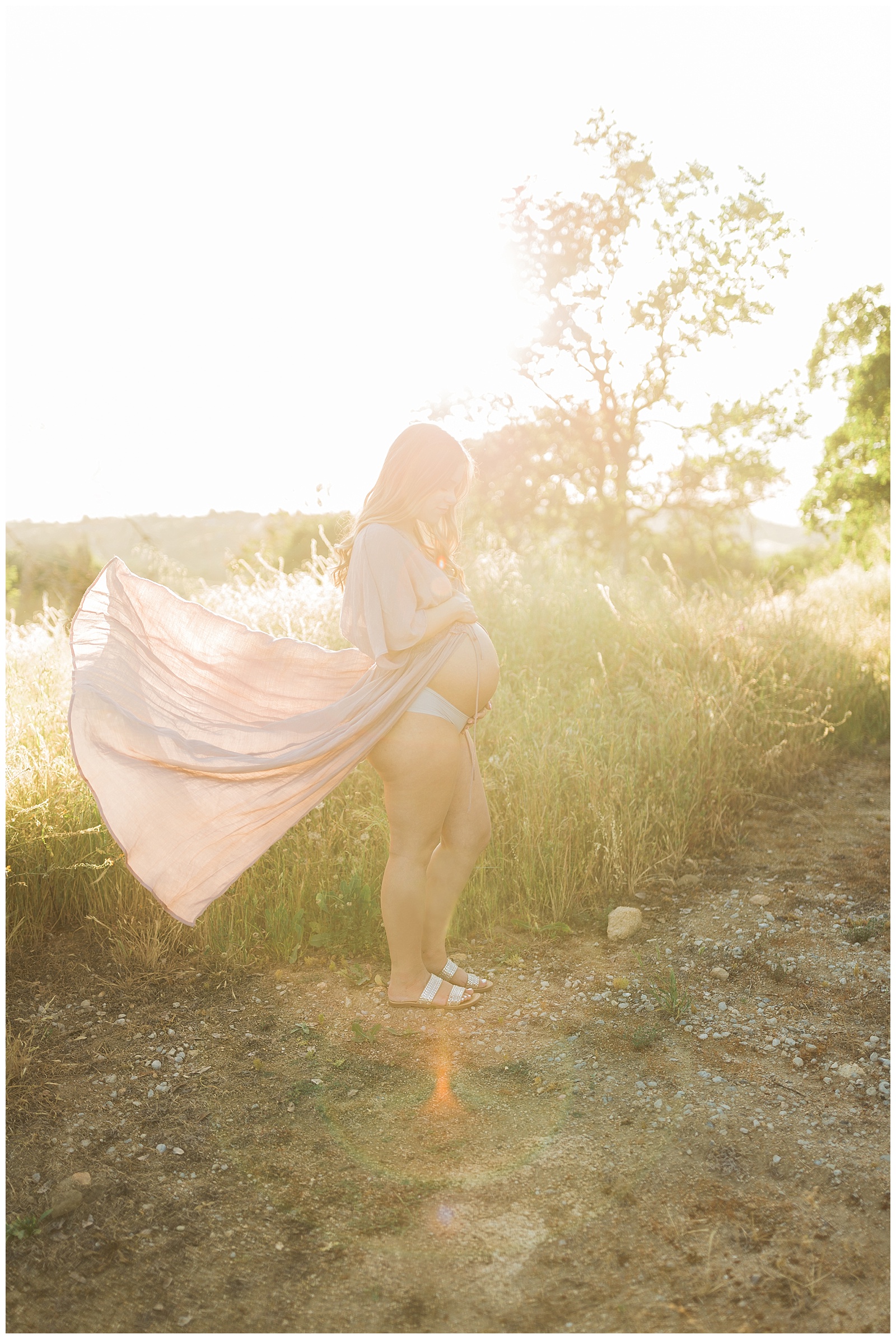  pregnant mom in a grassy field and sunset