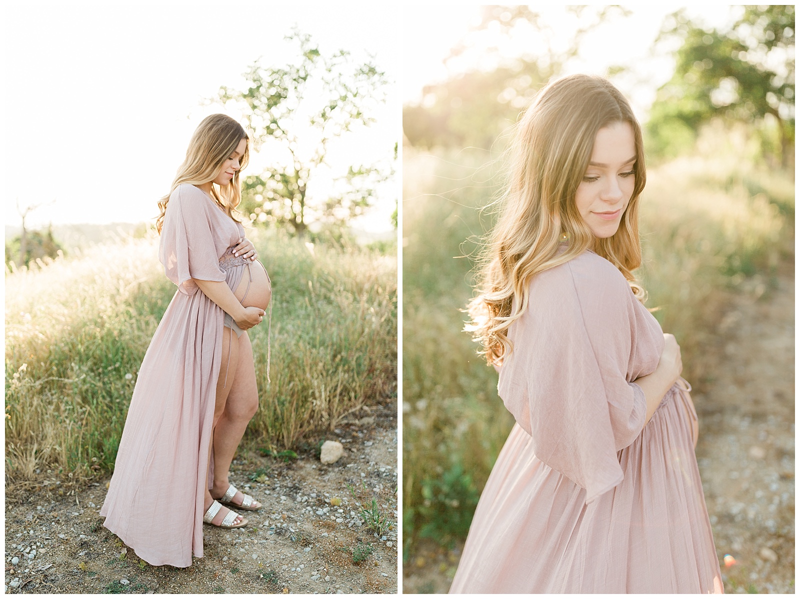 blush pink open belly maternity dress