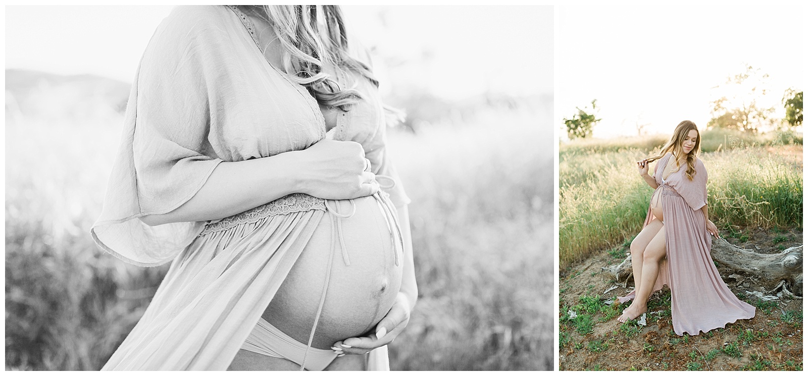  pregnant woman in a grassy field and sunset with an open belly maternity dress
