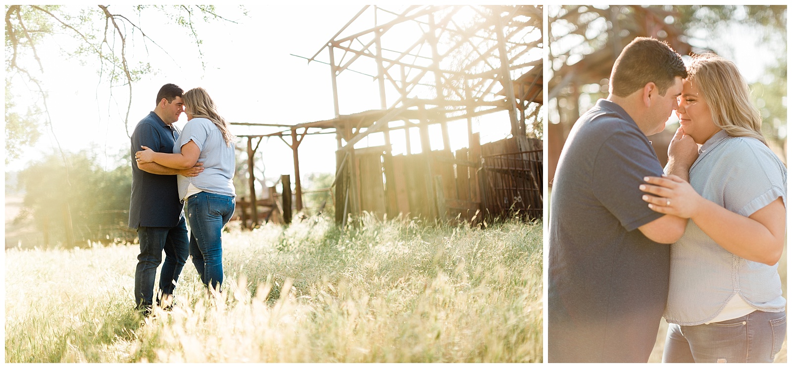 rustic engagement photos by an old wood barn