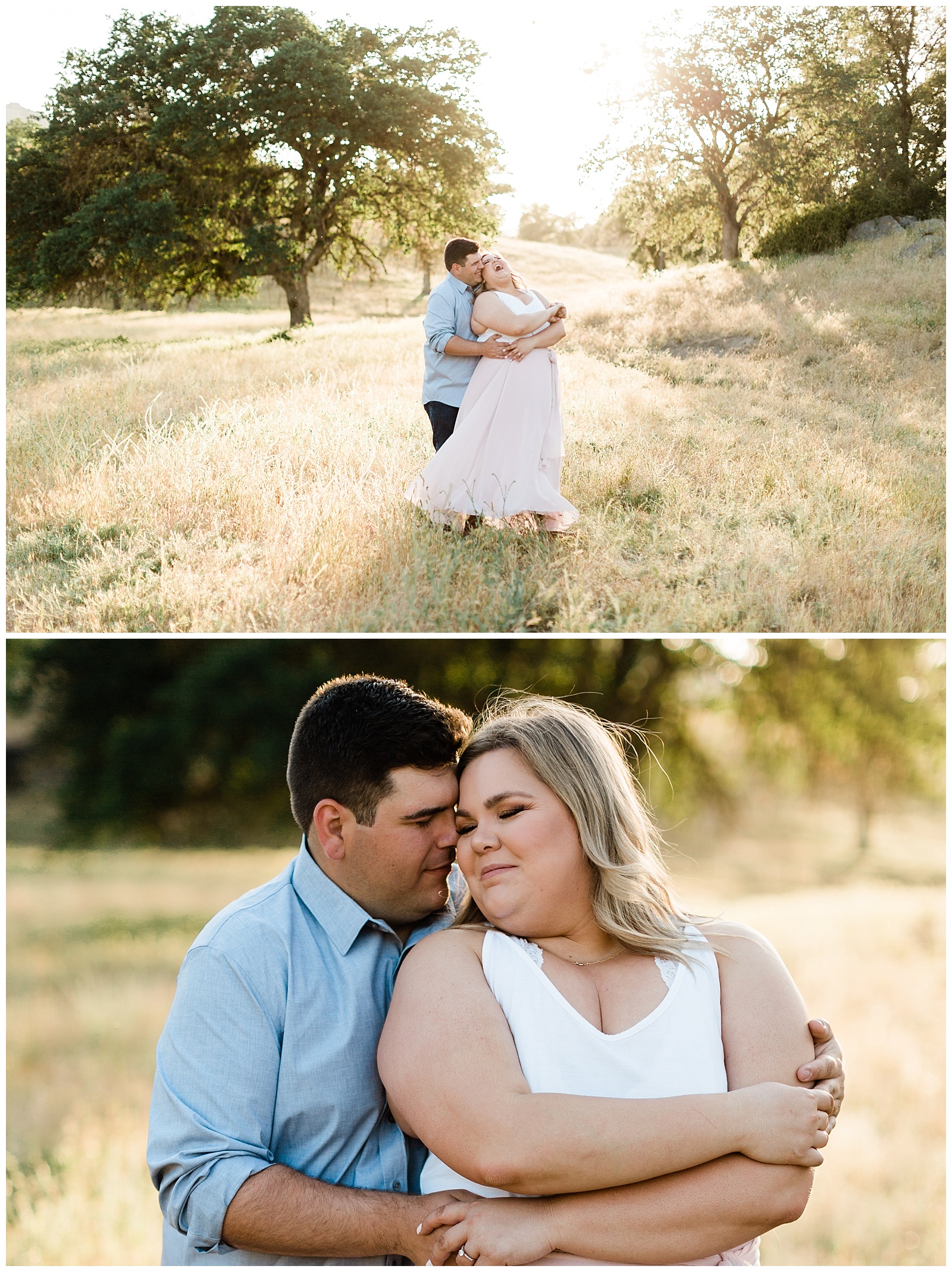 newly engaged couple dancing and laughing during engagement photos in an open field near fresno california 