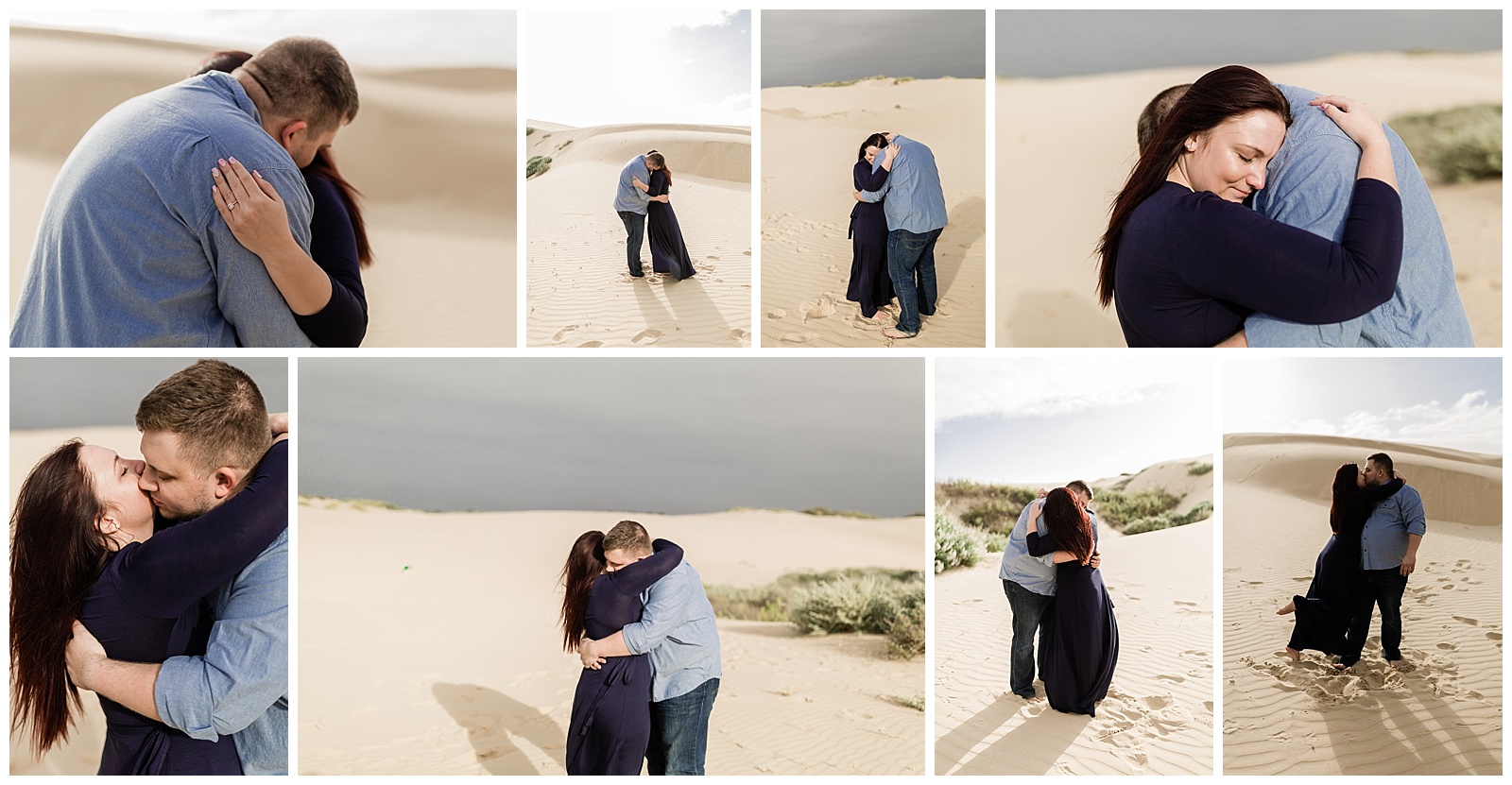 intimate moments between an engaged couple dancing on the dunes