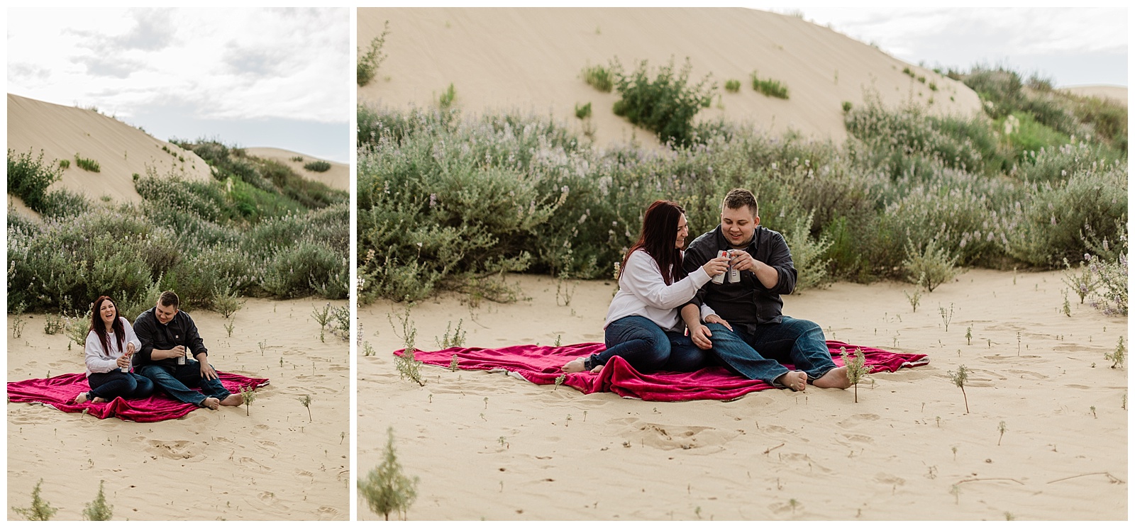 engaged couple enjoying a beer on the dunes