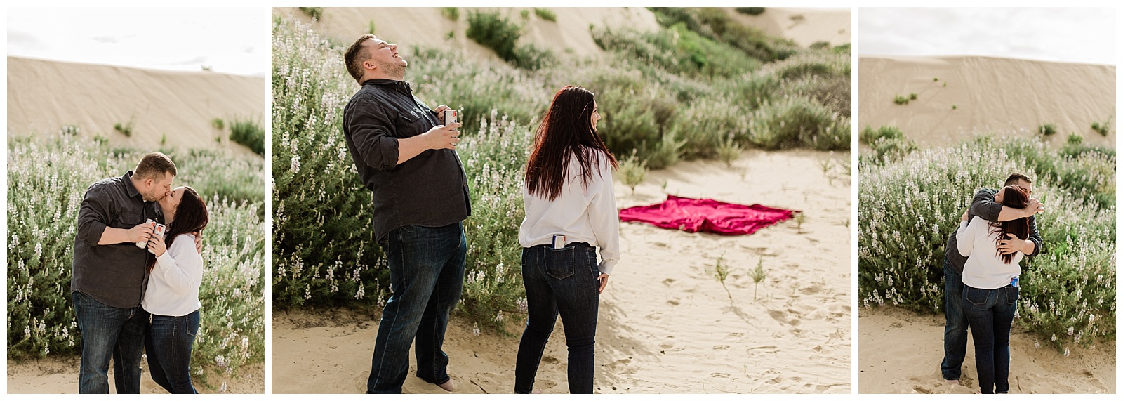 engaged couple enjoying beers and laughing on the dunes during an engagement session with Megan Helm Photography a Fresno Wedding Photographer