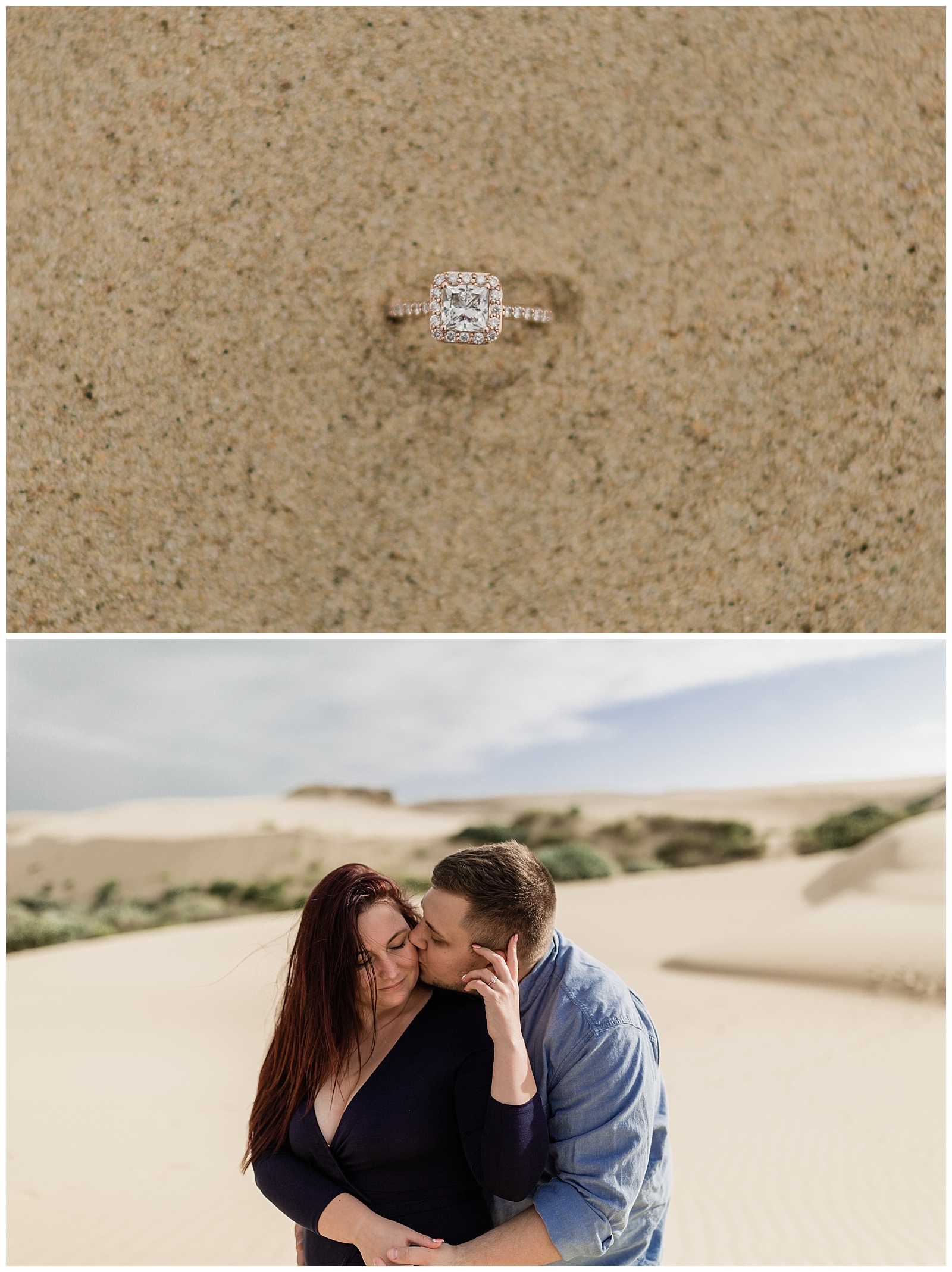 rose gold diamond engagement ring in the sand at pismo beach