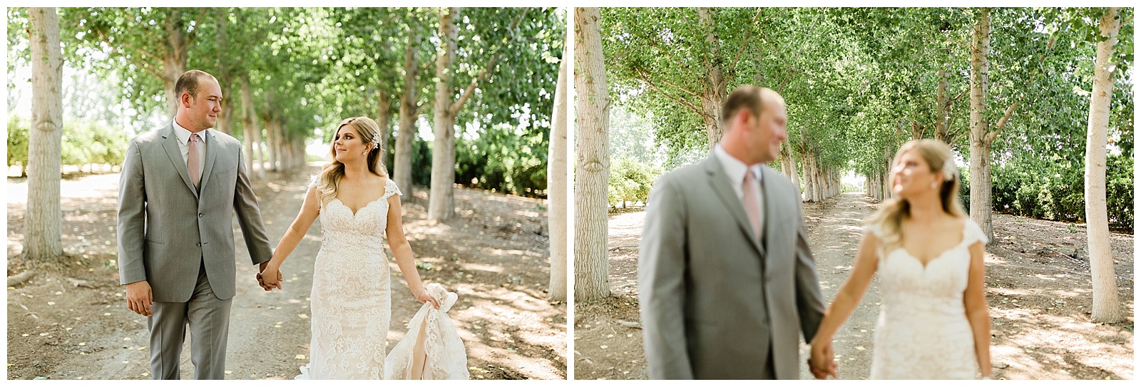 bride and groom holding hands and walking together down tree lane at seven sycamores ranch in ivanhoe california
