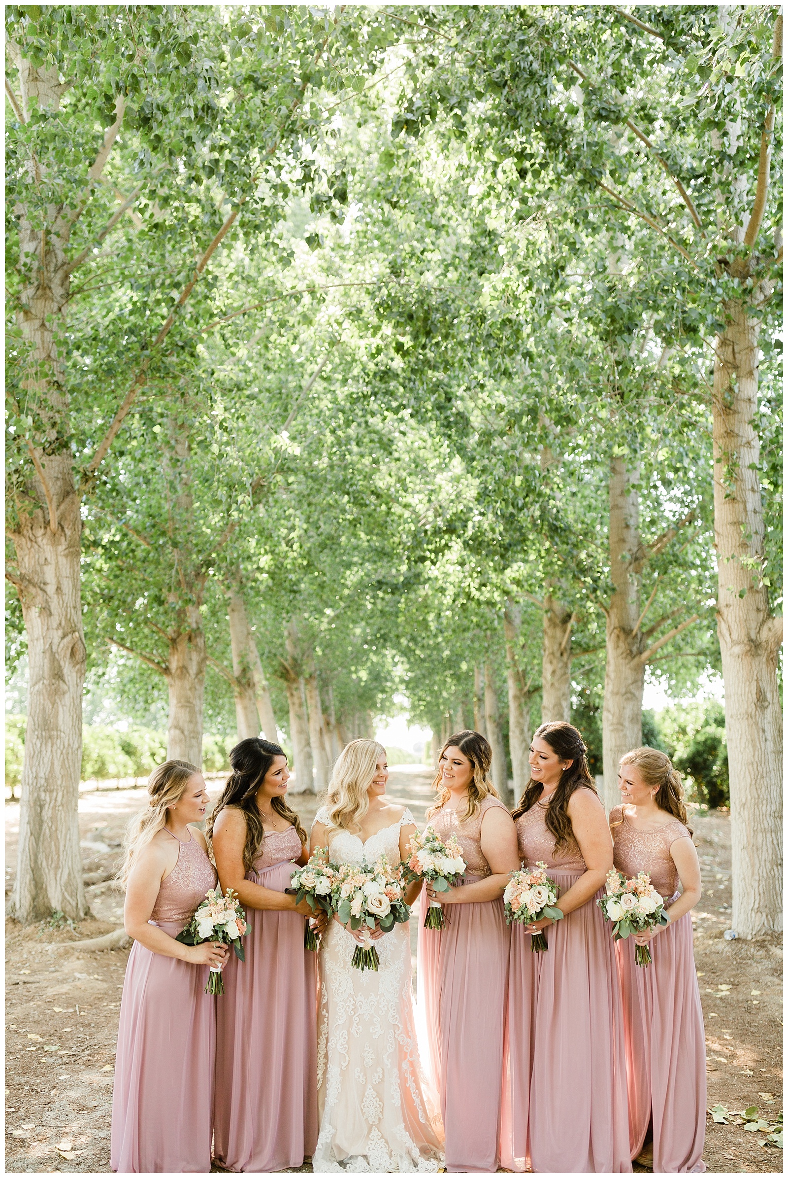 bride and her bridesmaids in blush dresses from David's Bridal