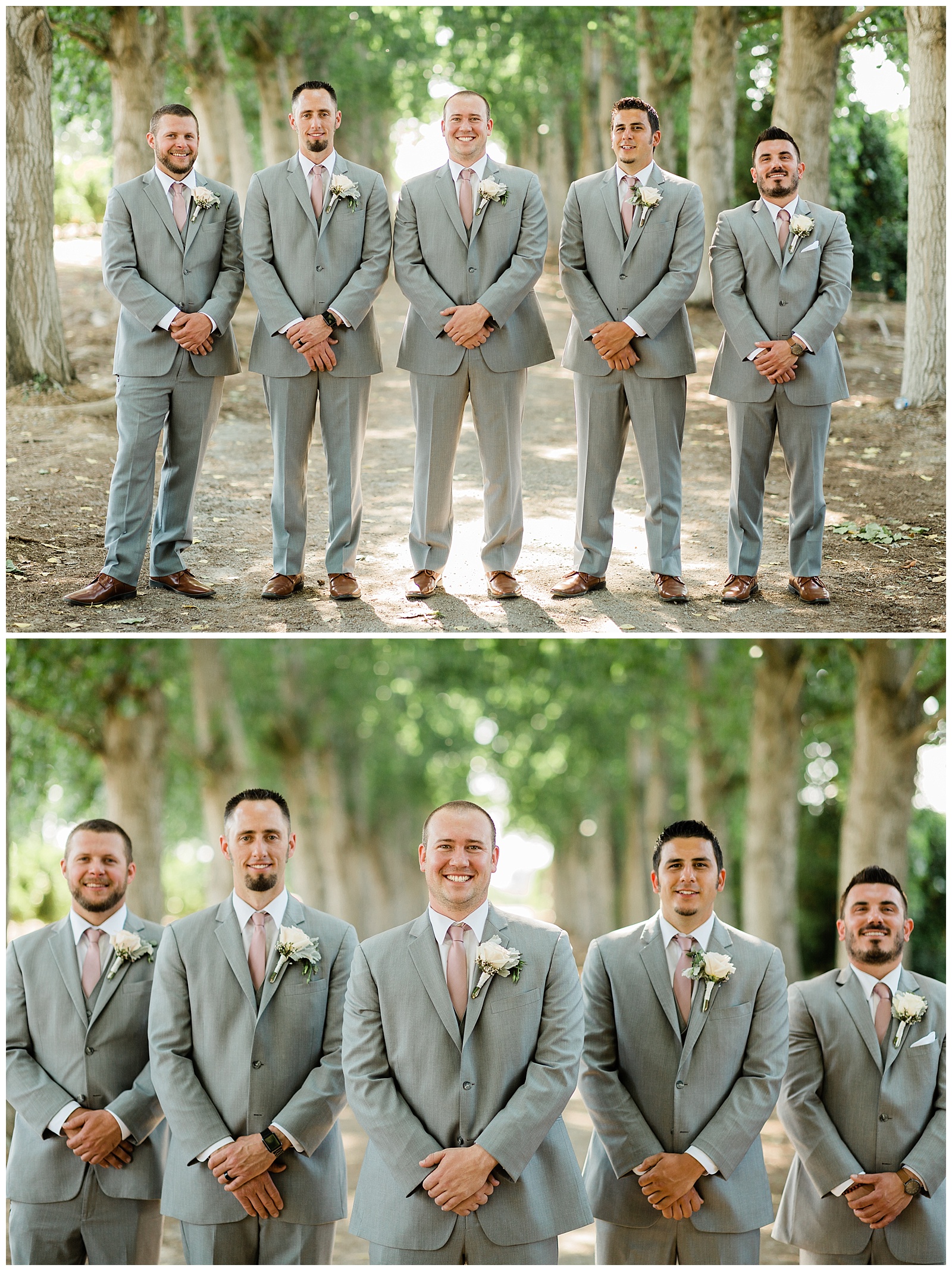 groomsmen in grey suits standing down tree lane at seven sycamores ranch