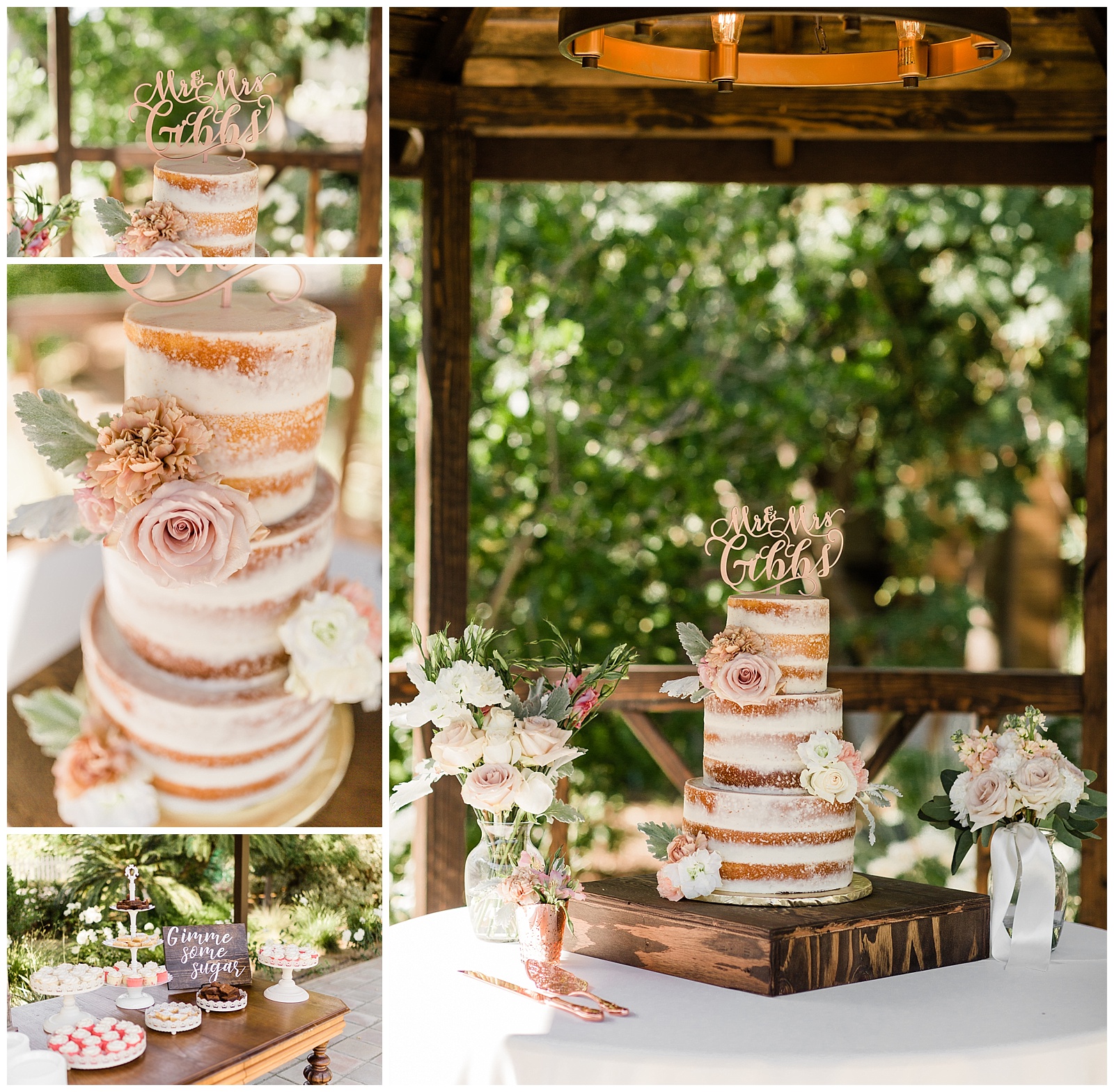 naked wedding cake with a custom wooden cake topper and blush flowers