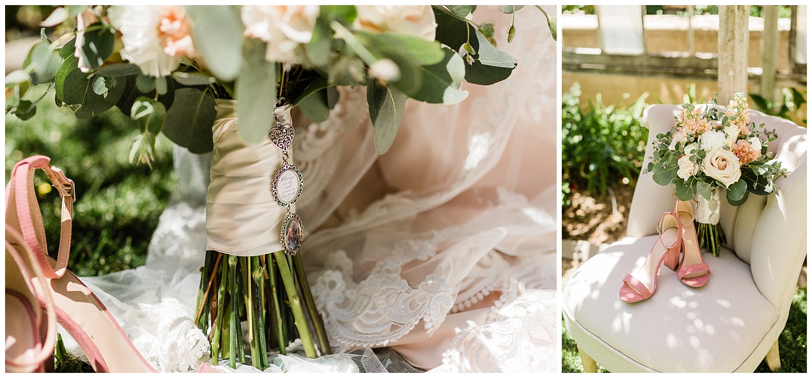 blush and ivory bridal details on a wedding bouquet and blush velvet wedding shoes