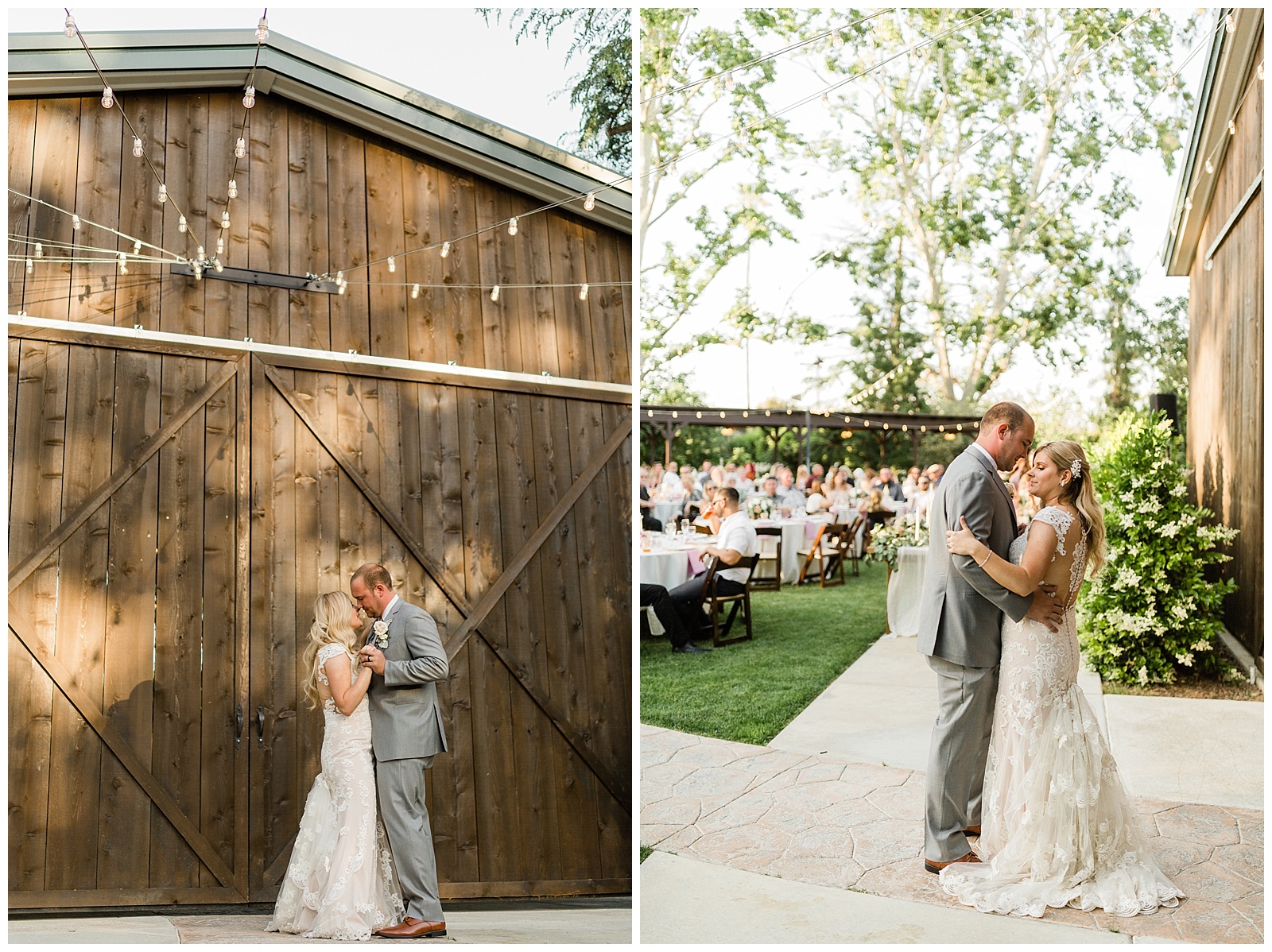 bride and groom sharing their first dance in front of the barn at seven sycamores ranch
