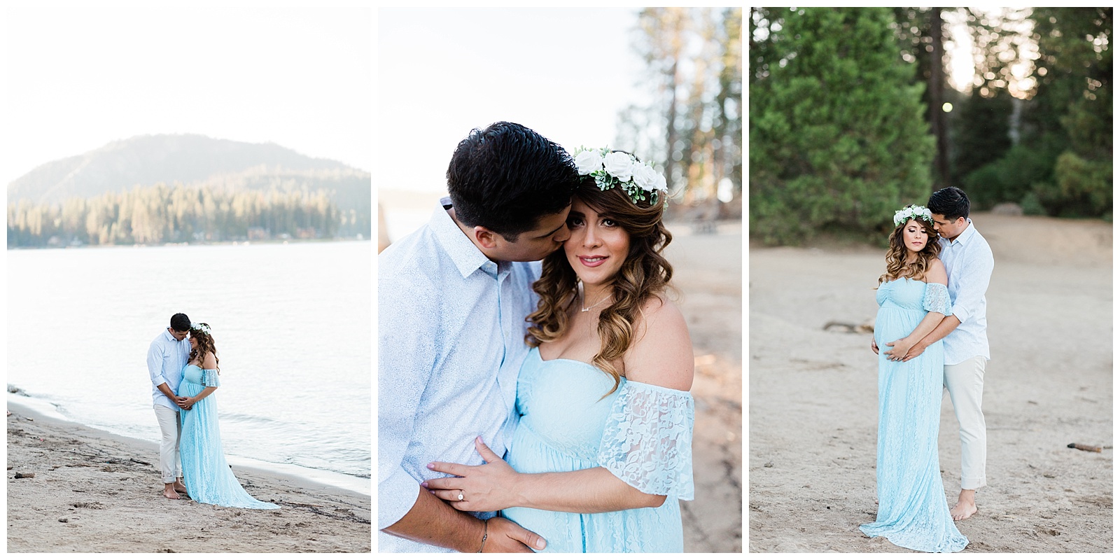 romantic portraits of a couple expecting their first baby by the shores of shaver lake