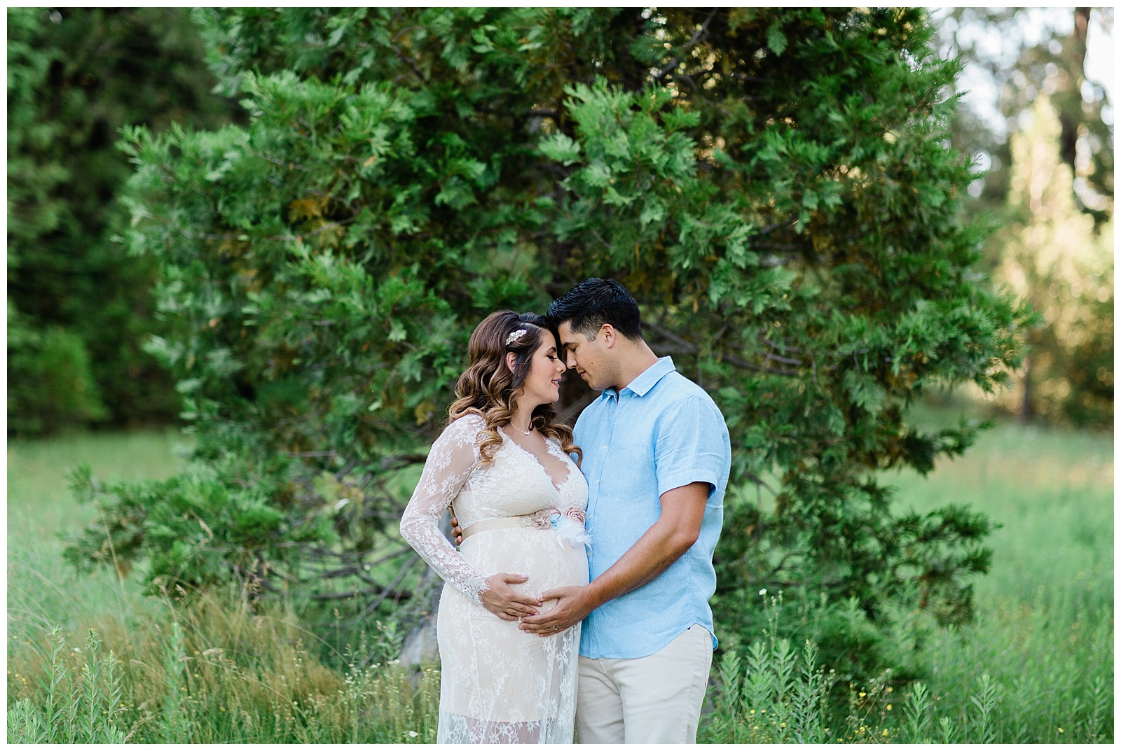 maternity portraits in a green meadow in shaver lake