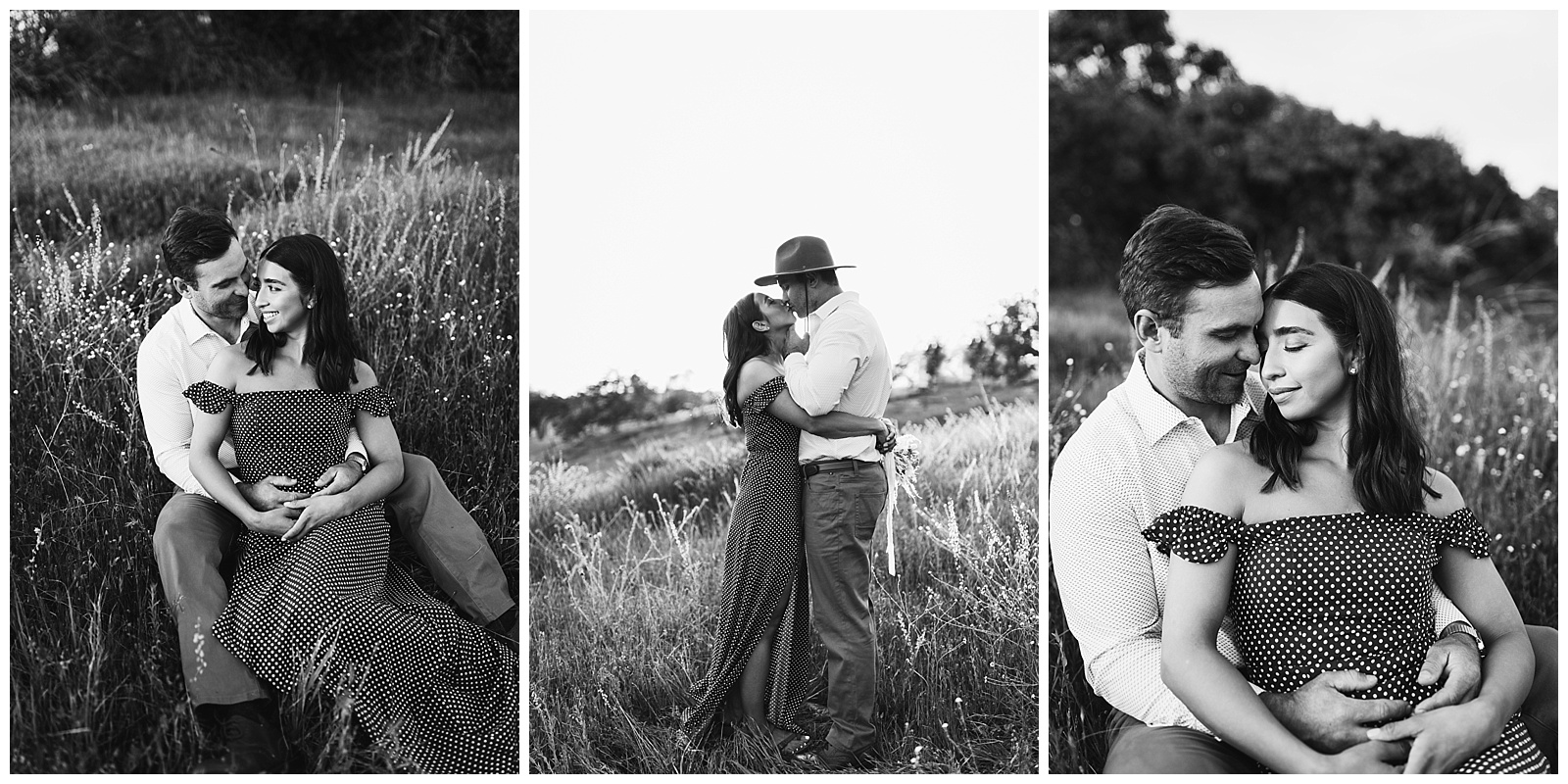 three black and white images of a couple in a wildflower field