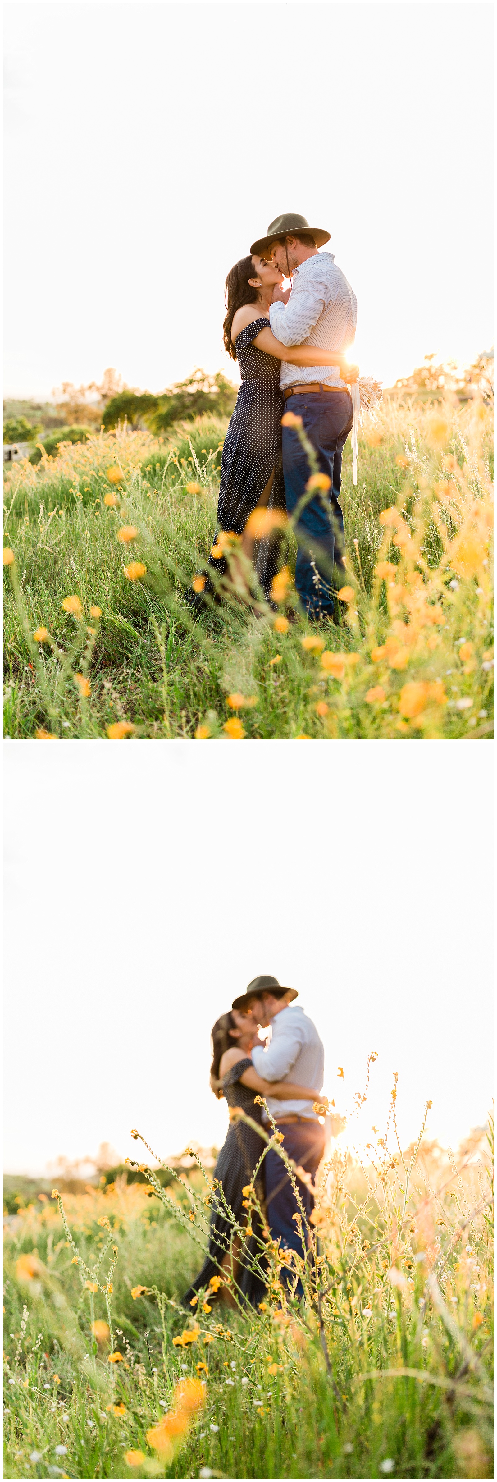 couple kissing in a wildflower field at sunset