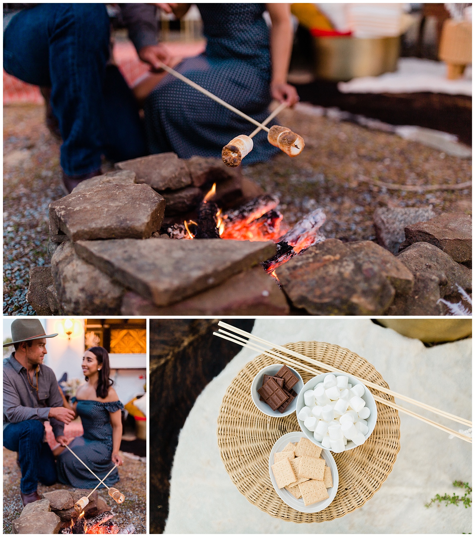 newlywed couple making smores after they eloped