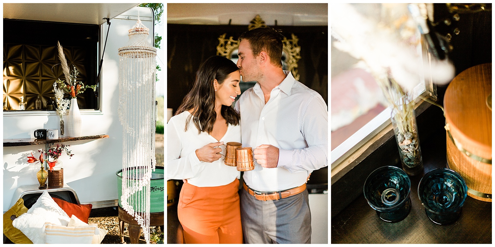 boho decor and copper mugs on a bar set up for an elopement