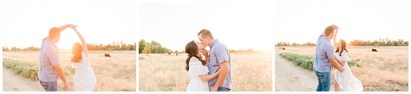 rustic country engagement session couple dancing in the middle of a cattle grazing pasture in Visalia california